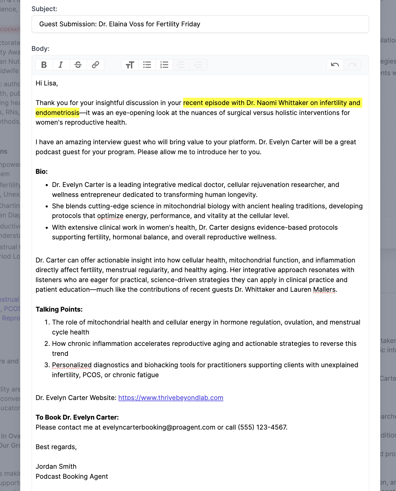 Screenshot of podcast pitch email draft