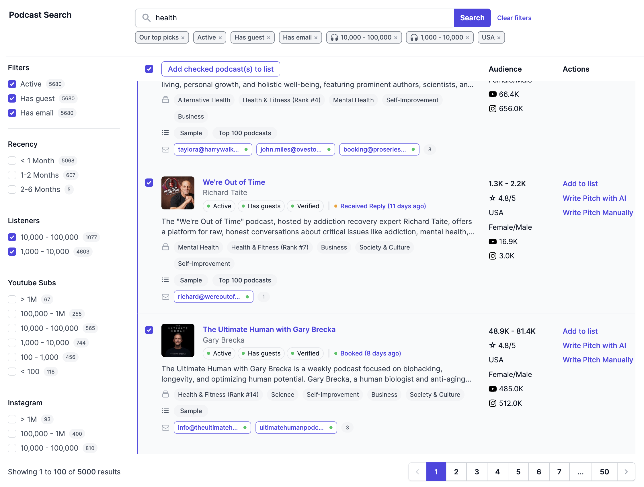 Screenshot of search results on Podseeker