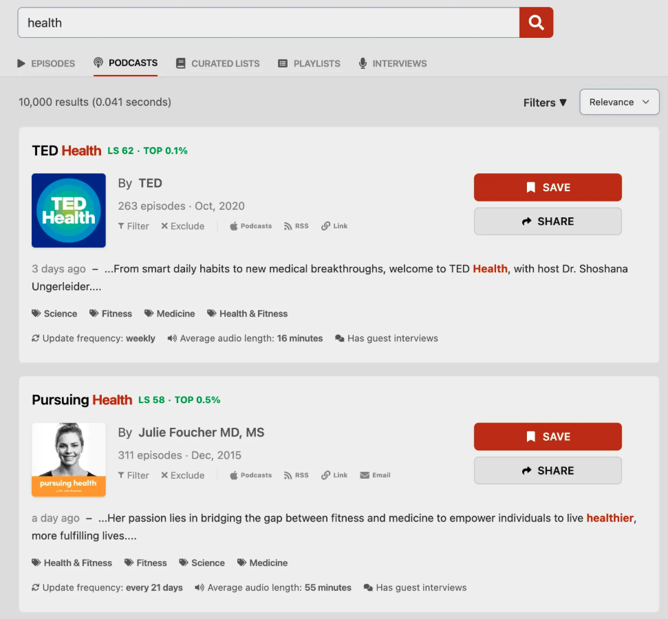 Screenshot of podcast platform