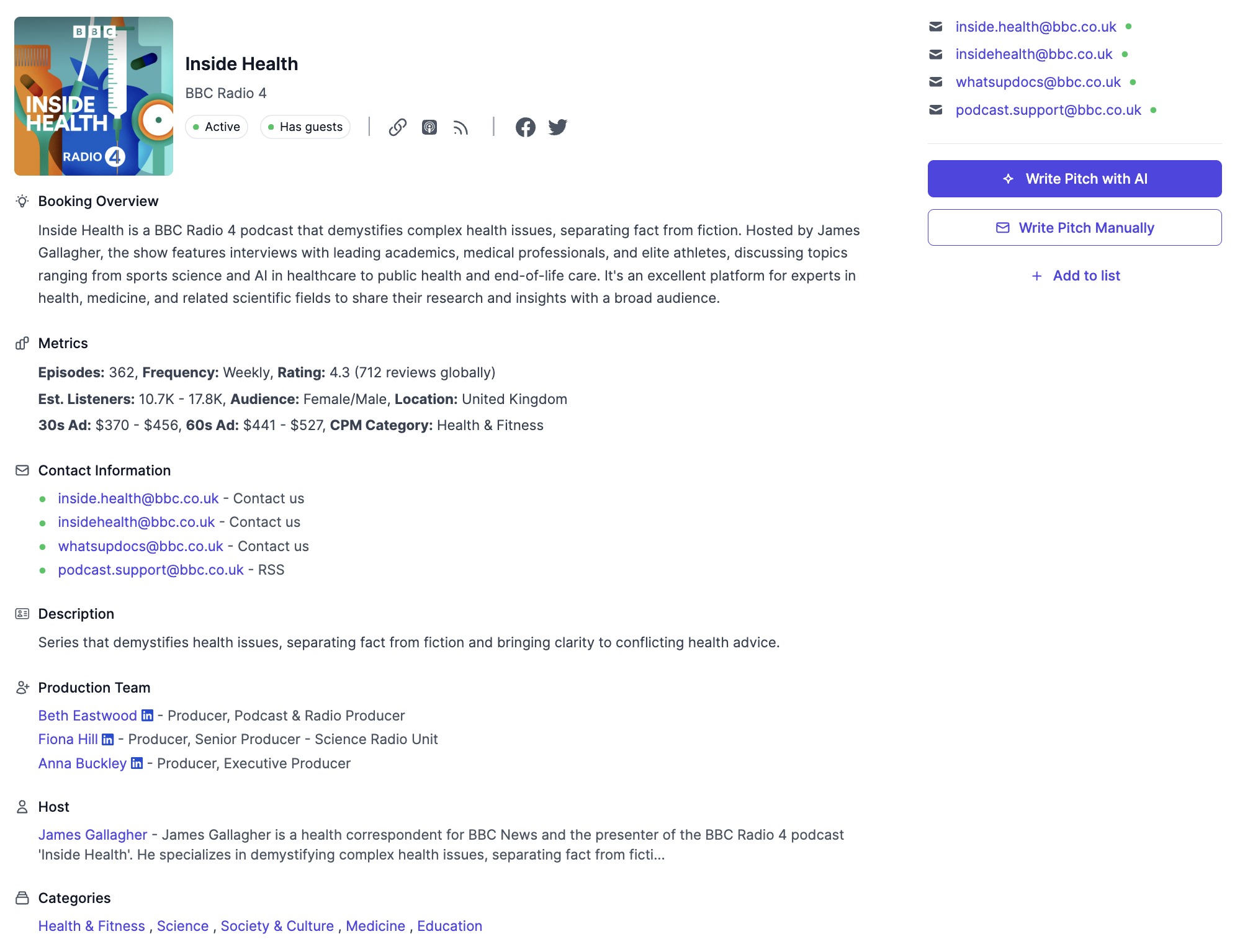 Screenshot of podcast information on Podseeker