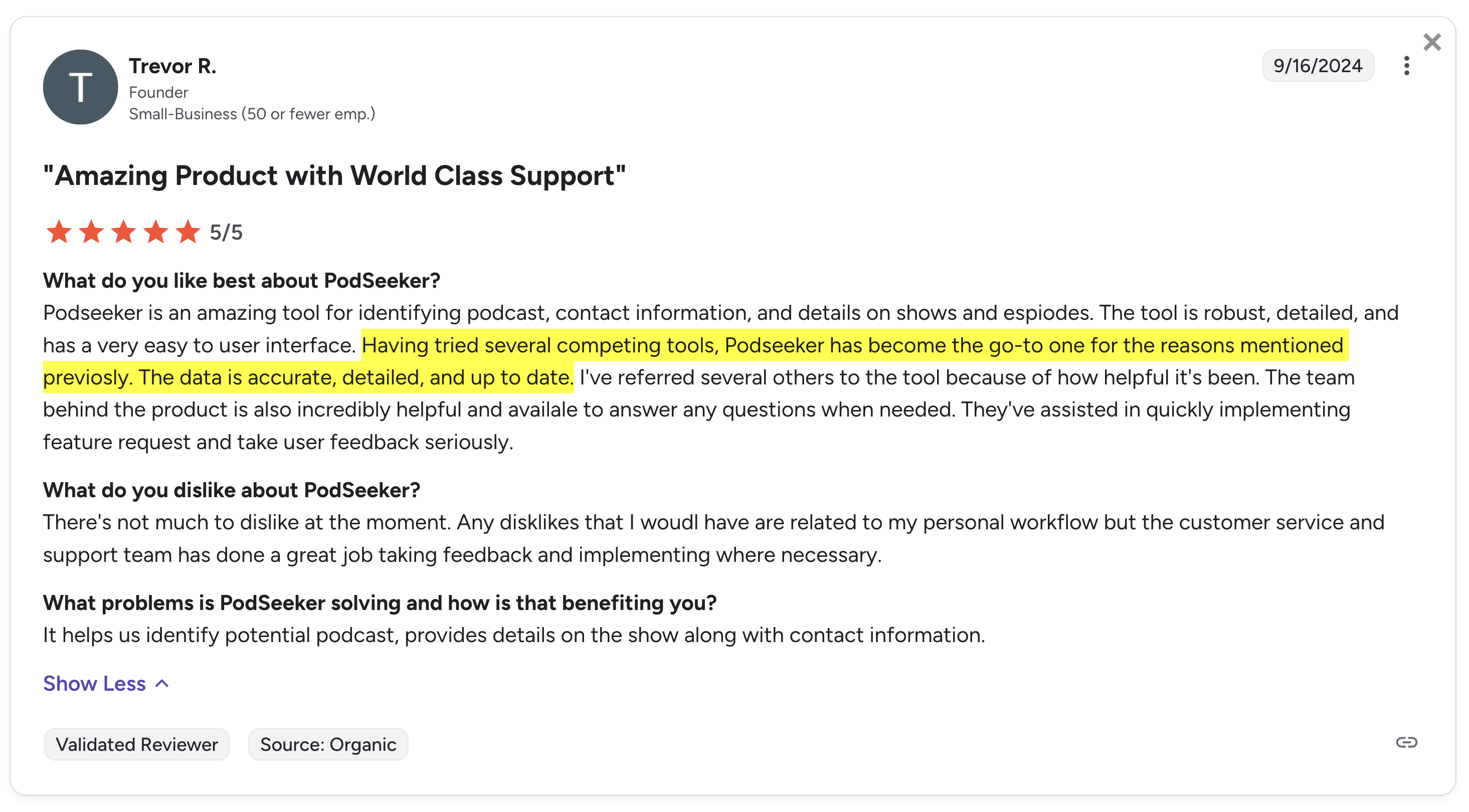 Screenshot of G2 testimonial from Trevor R.