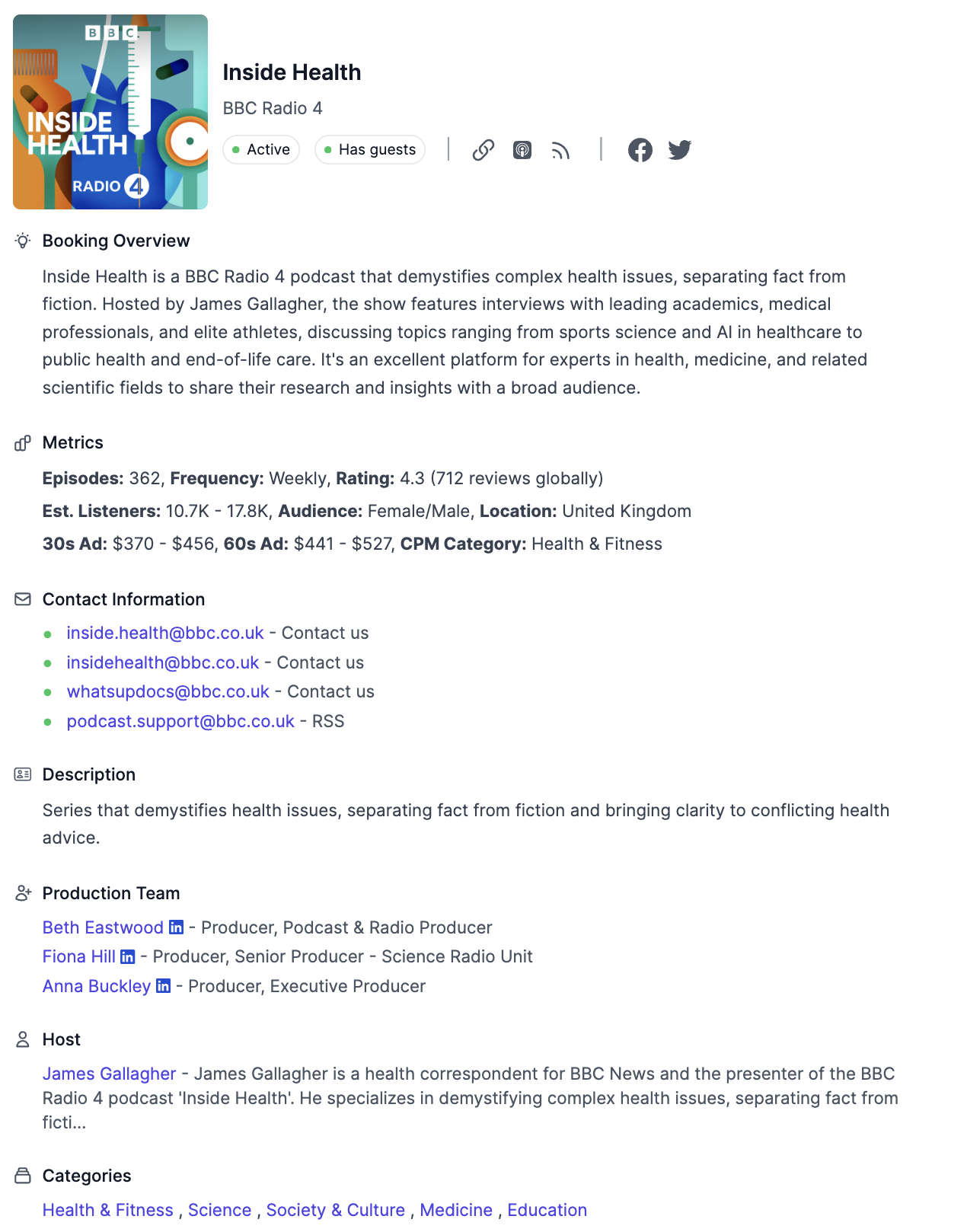 Screenshot of podcast data in Podseeker