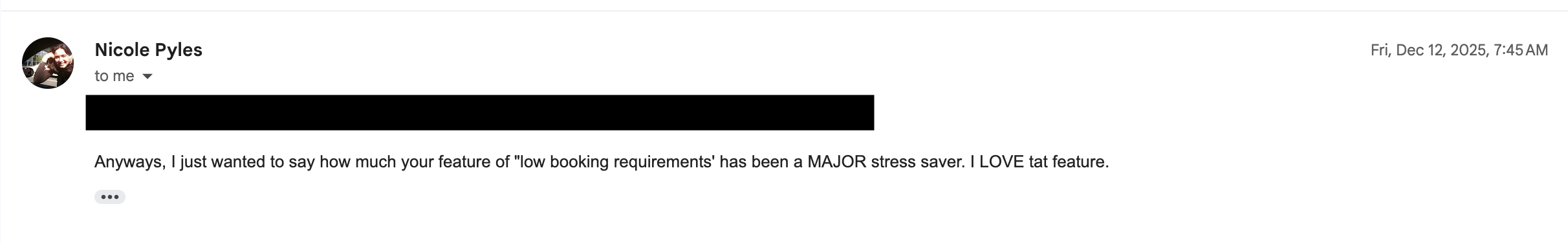 Screenshot of customer testimonial - “The low booking requirements feature has been a major stress saver.” -Nicole Pyles, Podcast Booker