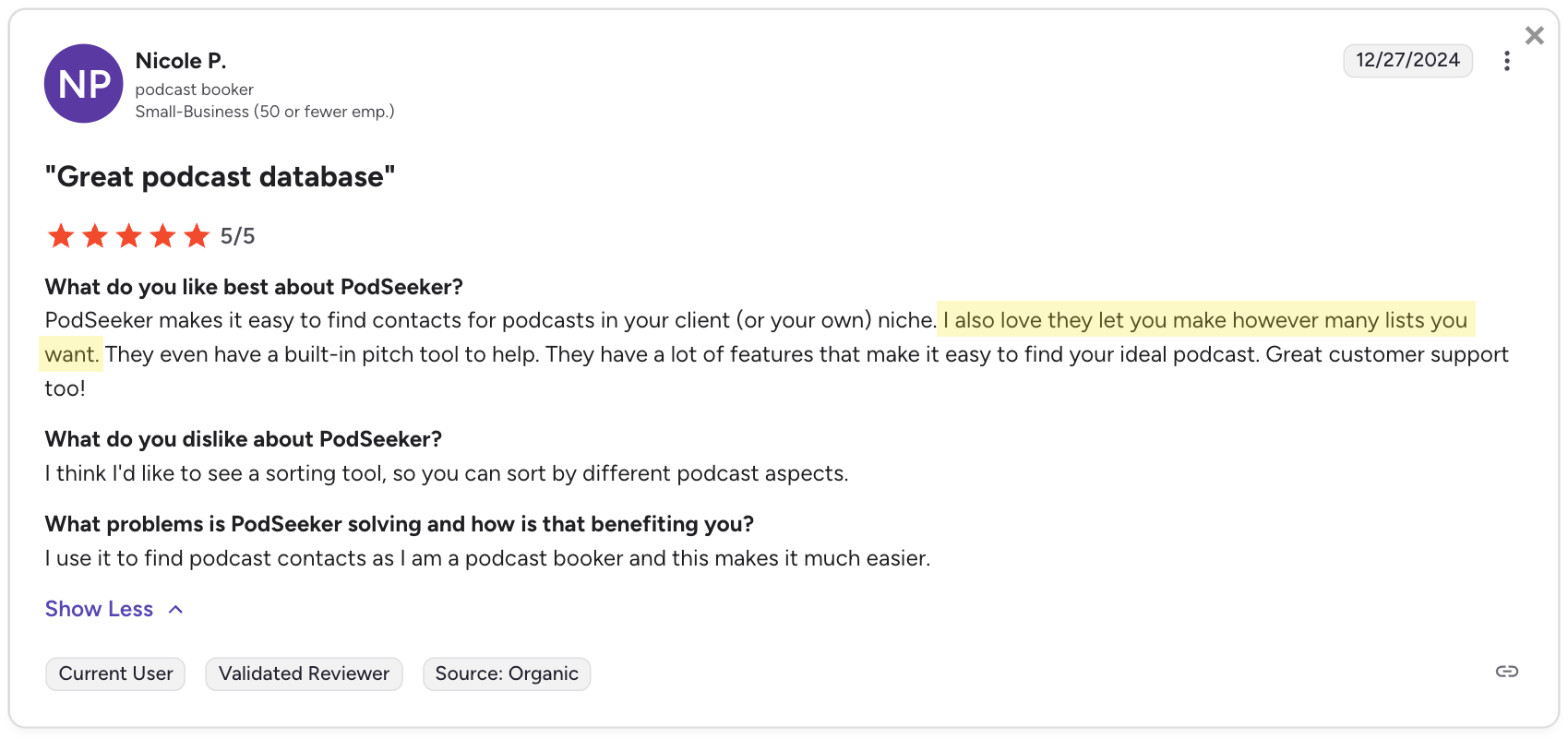 G2 testimonial - Podseeker