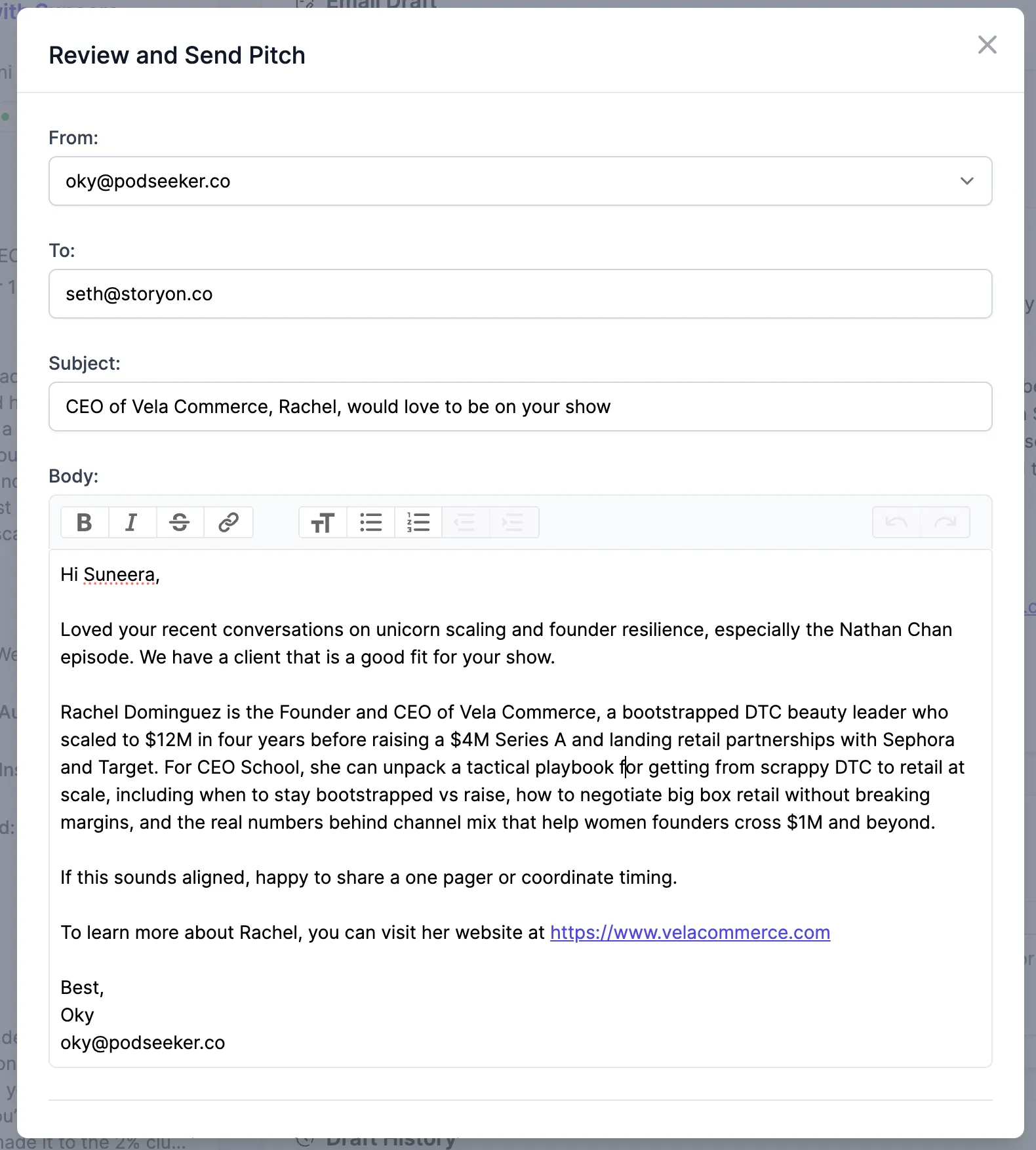 Screenshot of connected mailbox or email sending view.