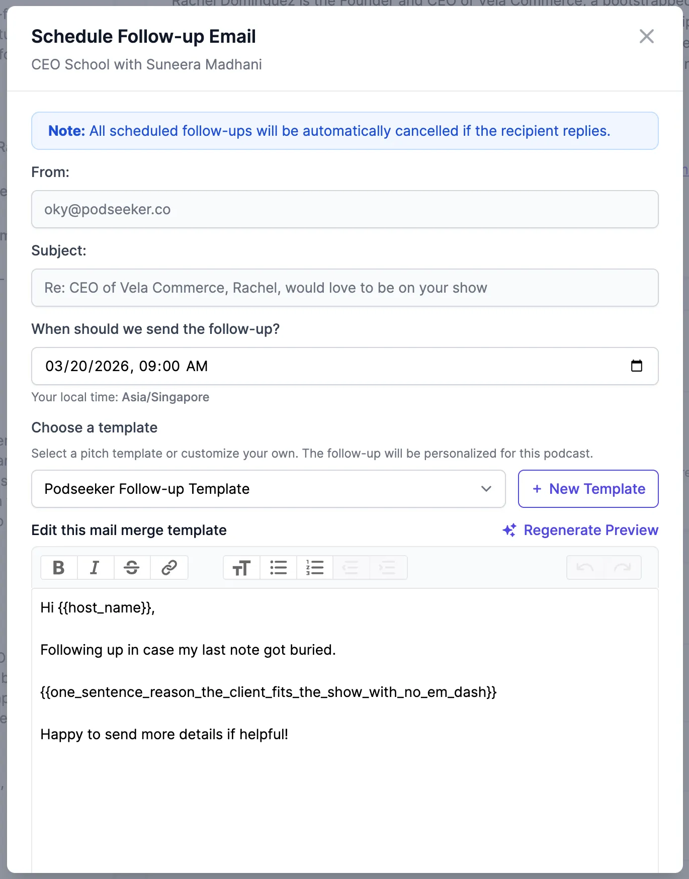 Screenshot of follow-up scheduling UI.