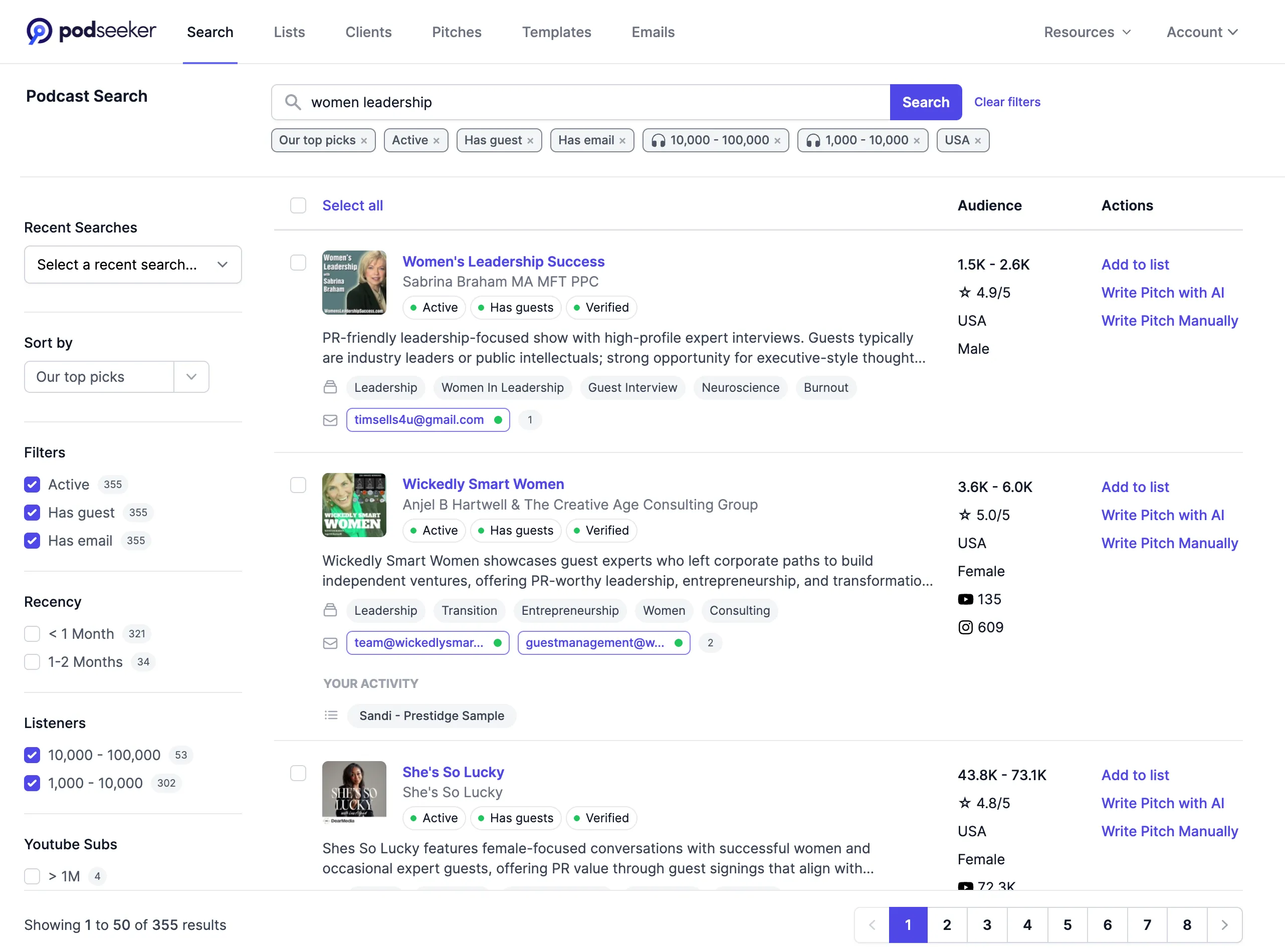 Screenshot of search results page with filters visible (topics, audience size, booking difficulty, has guests, has email).