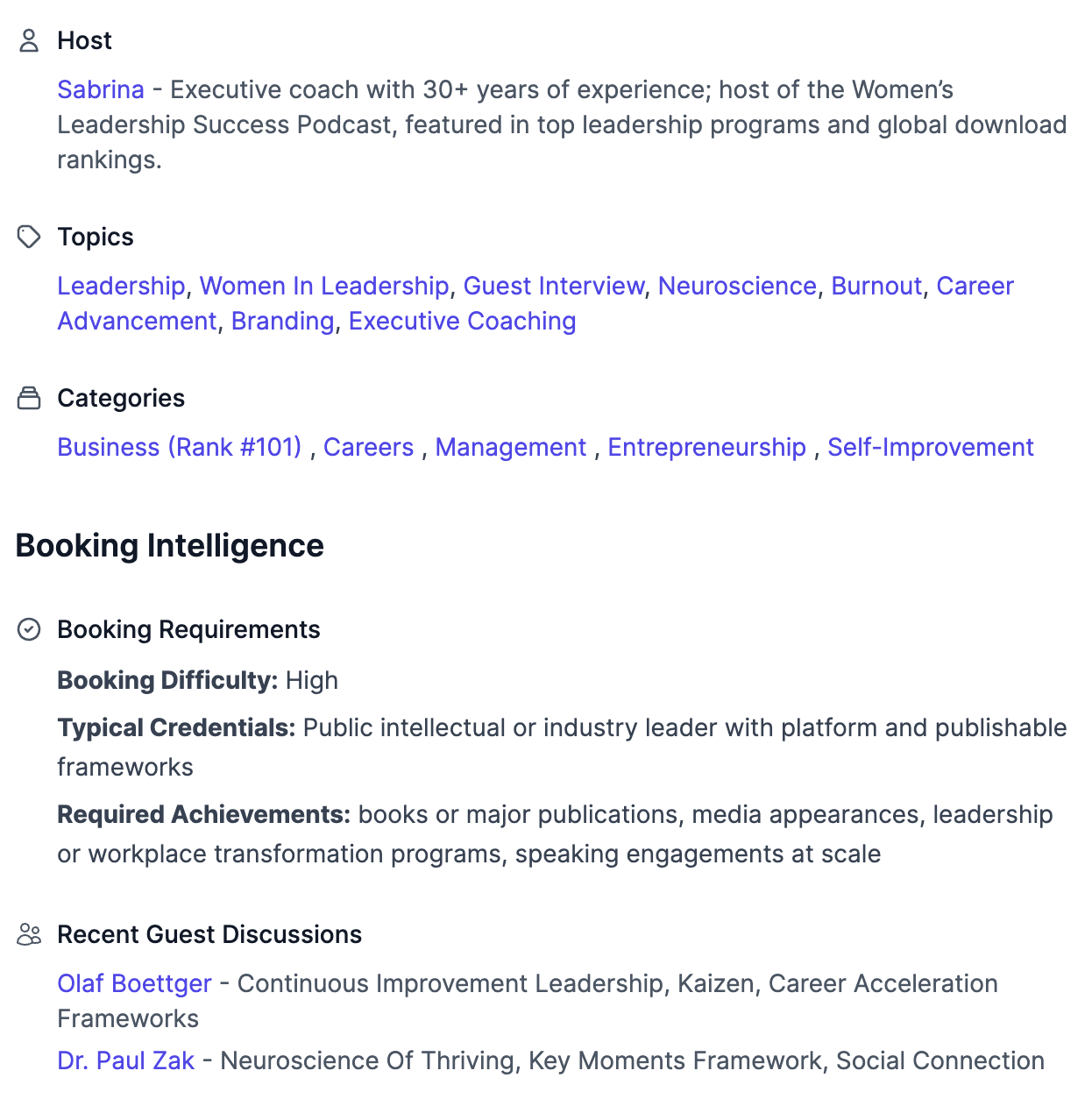 Screenshot of a podcast profile page showing booking difficulty, typical guest credentials, recent guests, and episode topics.