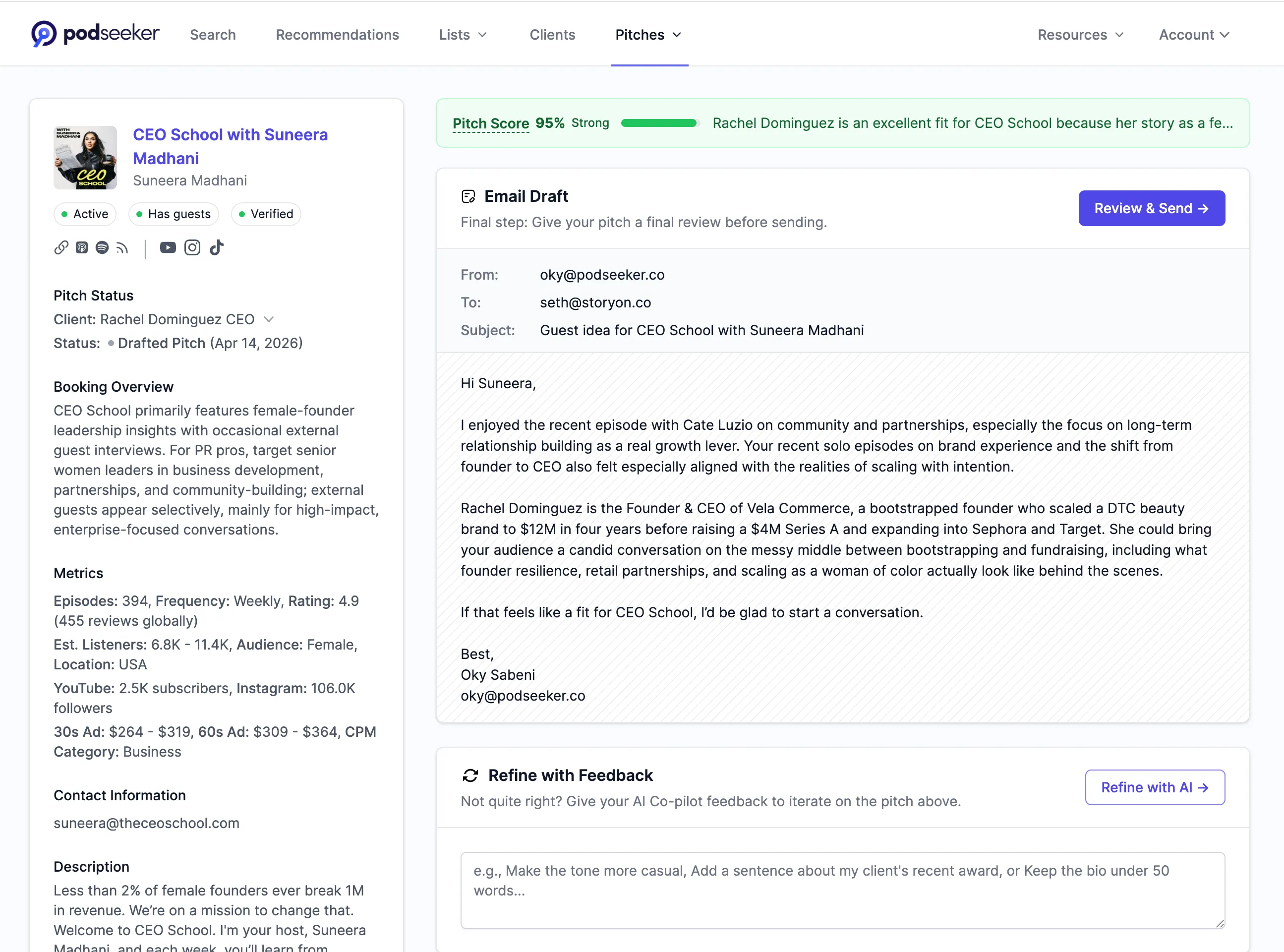 Screenshot of pitch page showing Client Fit score