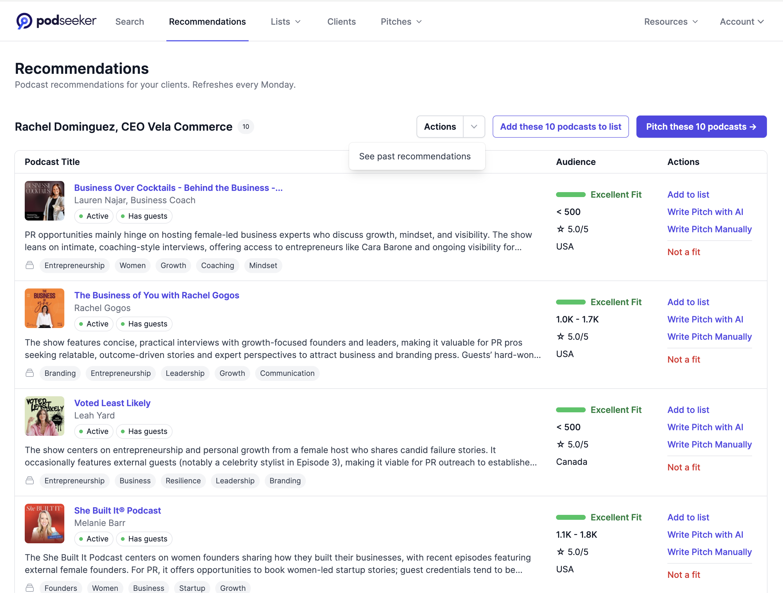 Screenshot of recommended podcasts per client