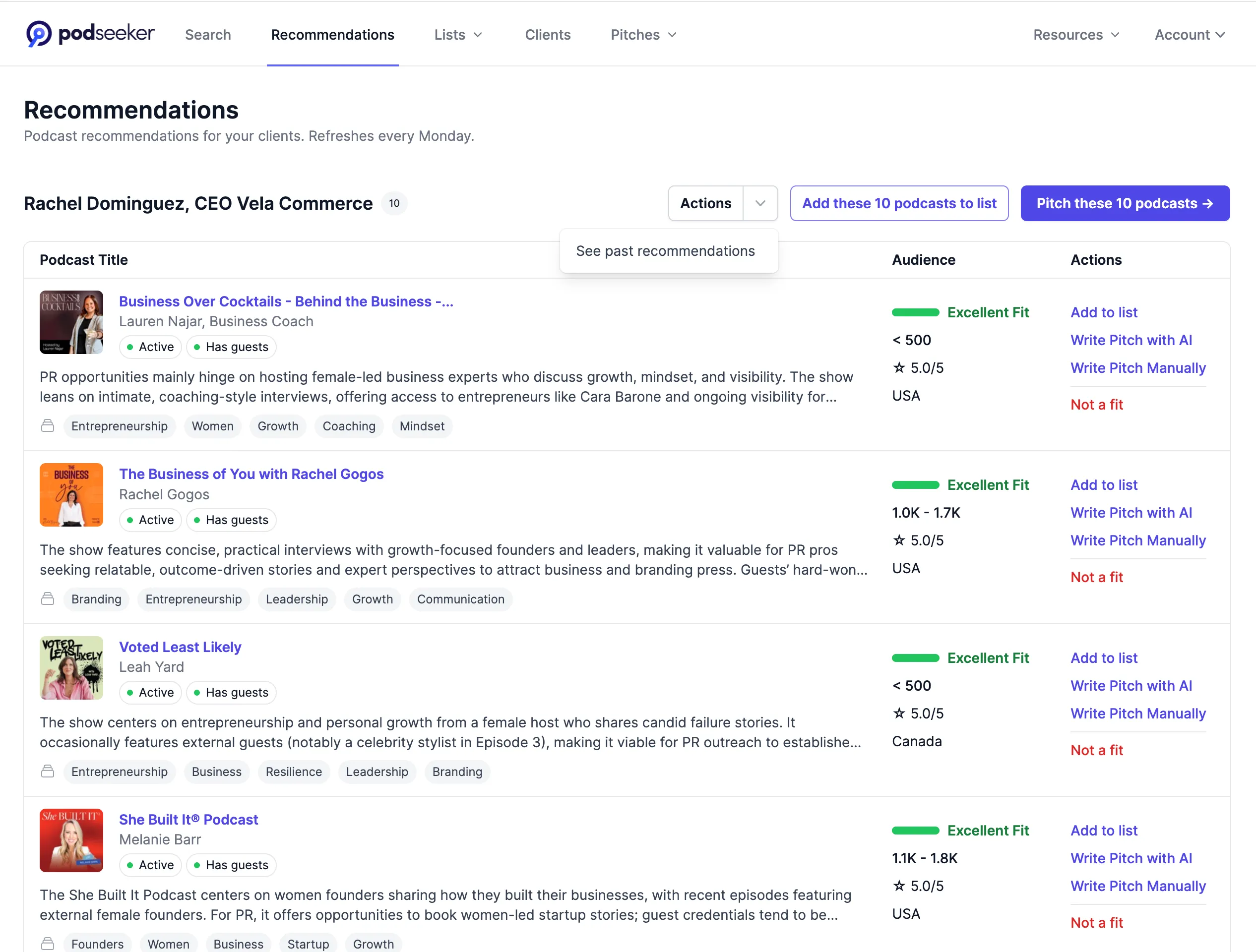 Screenshot of recommended podcasts per client