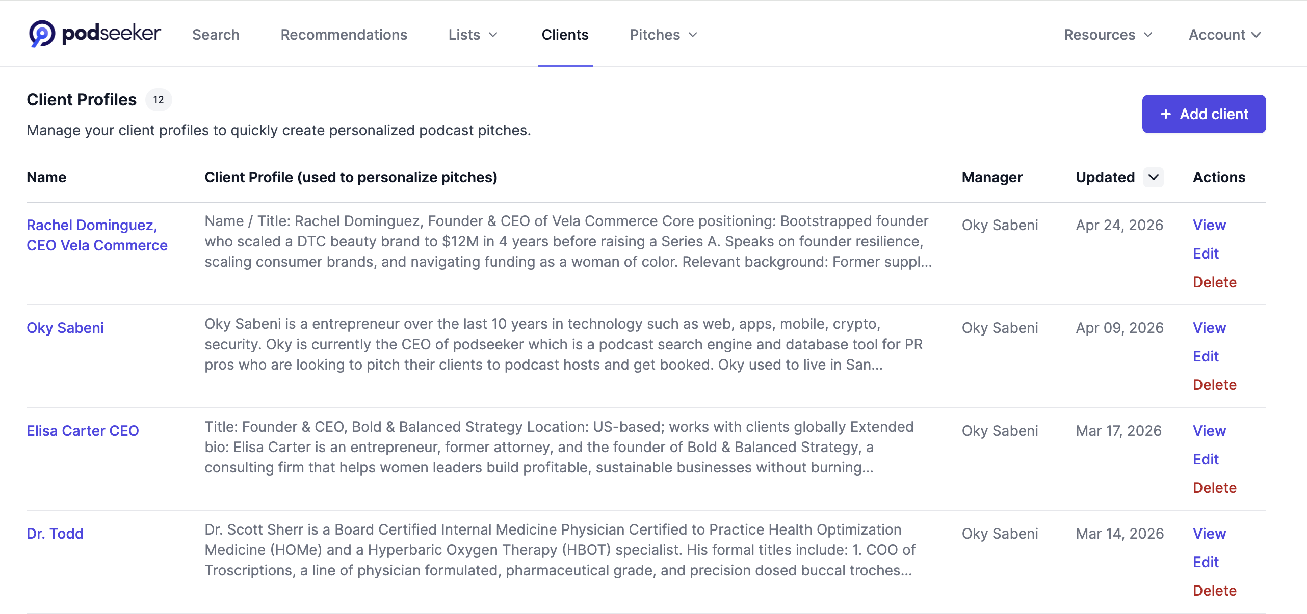Clients page - Podseeker