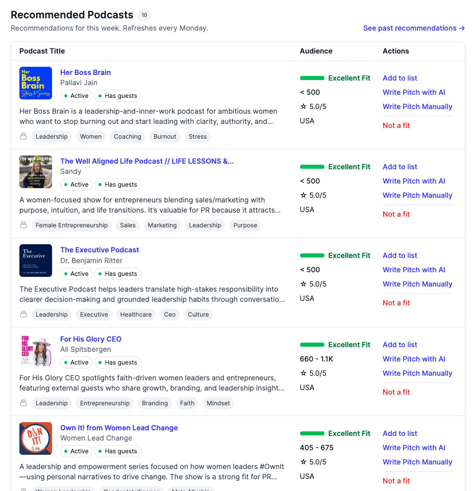 Screenshot of the client profile page showing the Recommended Podcasts section with recommendations, each with a fit label and match explanation.