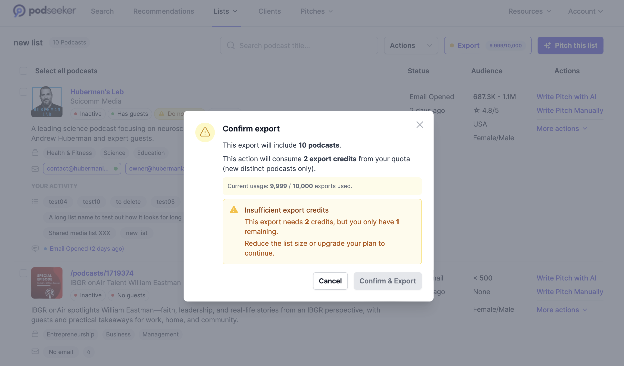 Screenshot of the export confirmation modal or export history page showing a completed export with download link.