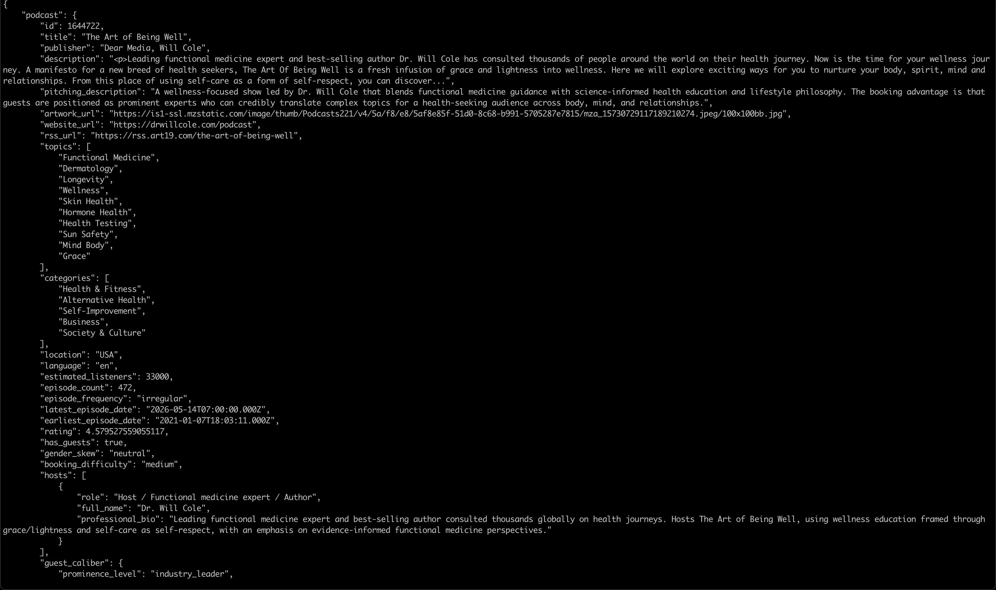 JSON data from Podseeker's podcast API