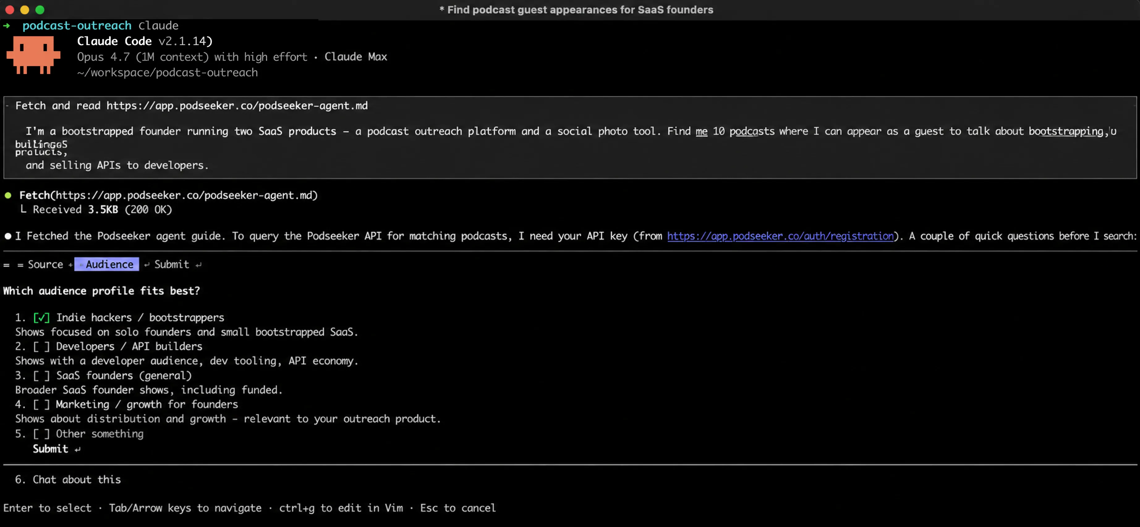 Screenshot of Claude Code running Podseeker API