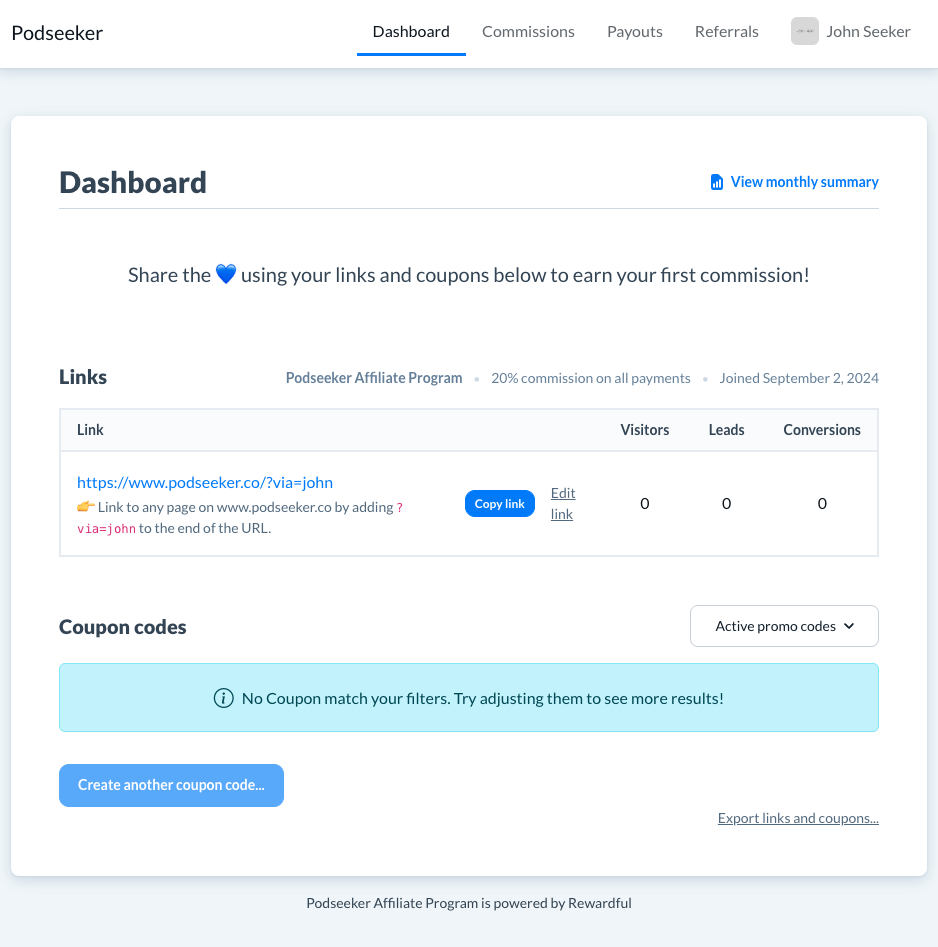 Rewardful dashboard of Podseeker's affiliate program