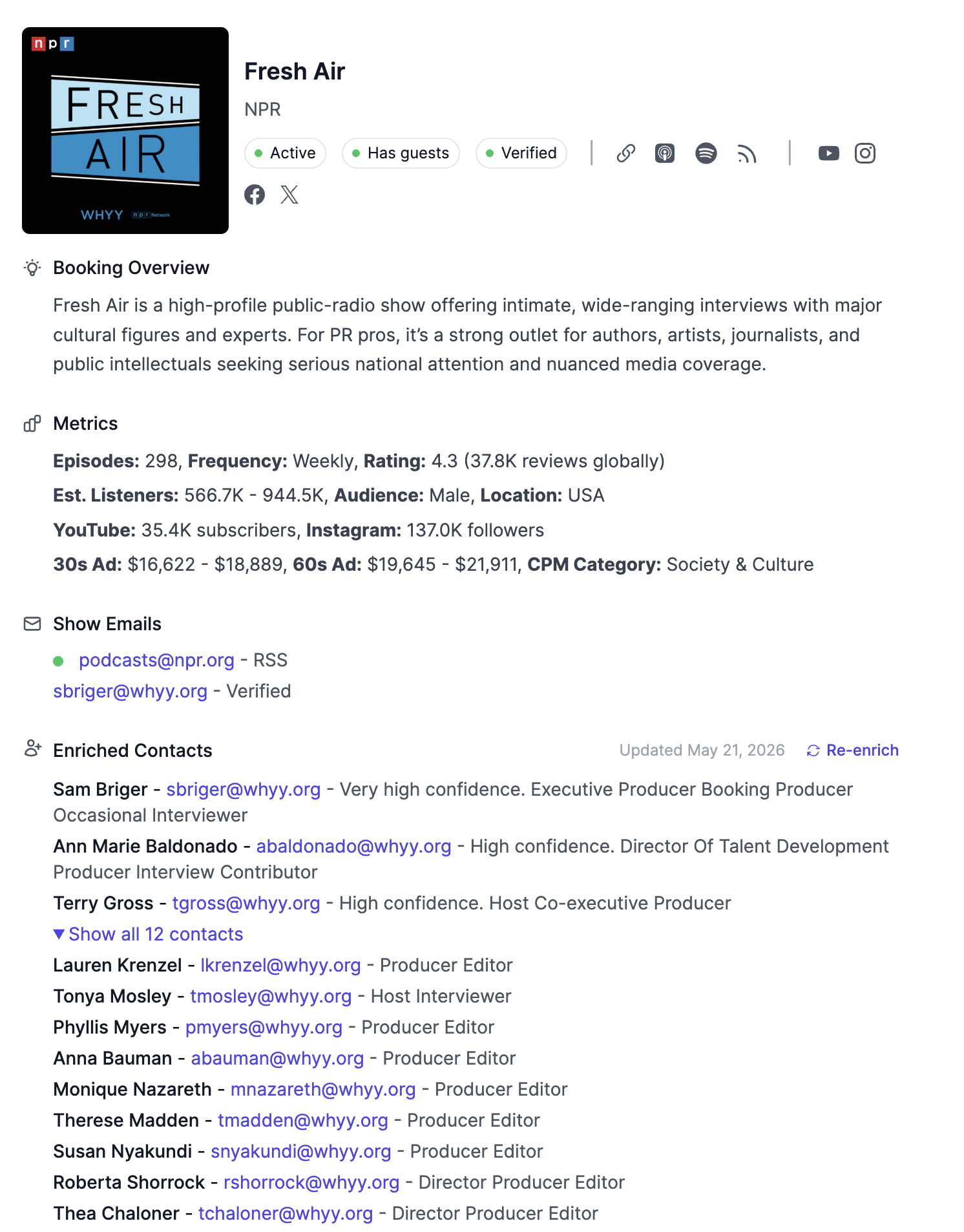 Enriched emails of a podcast - Podseeker