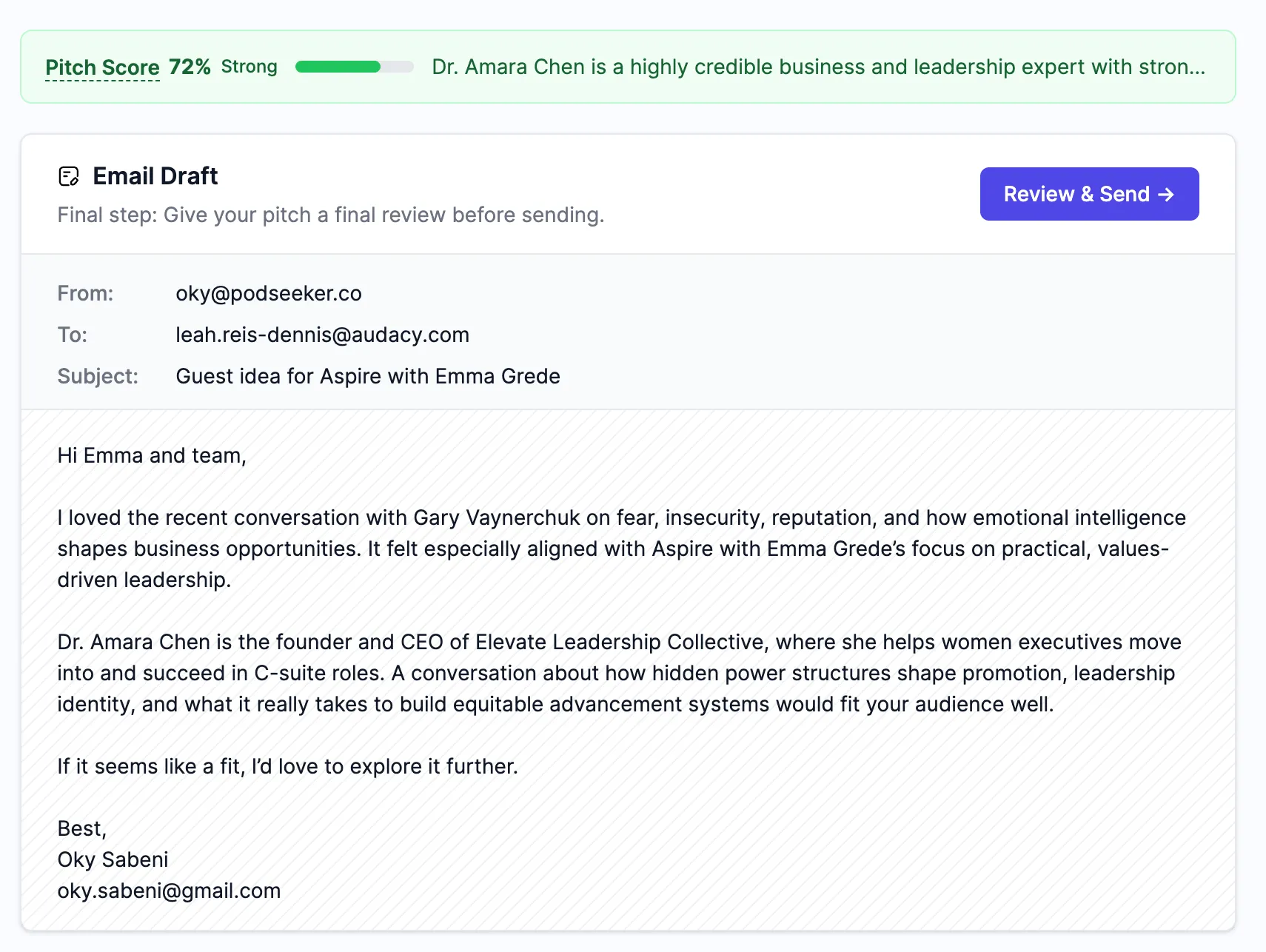 Pitch Score feature in Podseeker