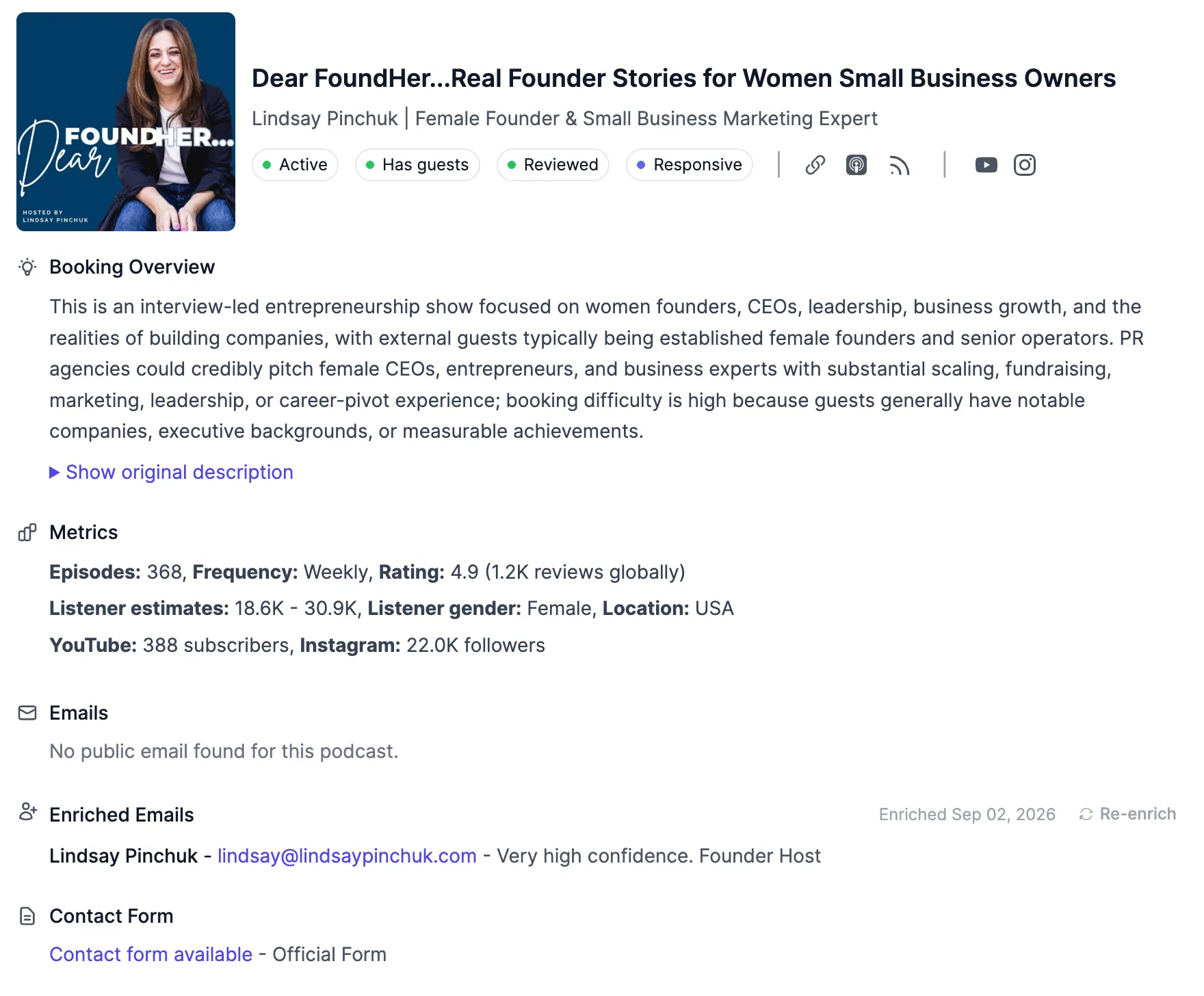 Podseeker podcast profile showing an active guest podcast, listener estimates, a direct host email, and an official contact form