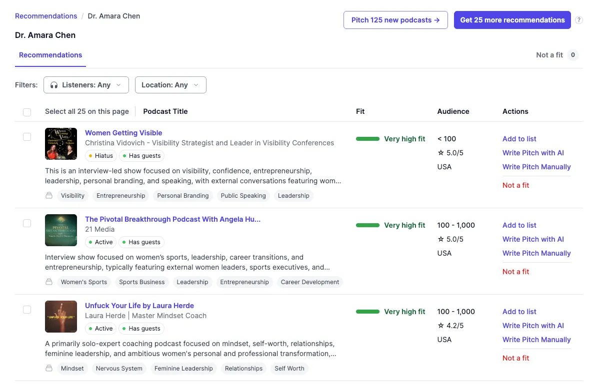 Filter Recommendations by listeners and location - Podseeker