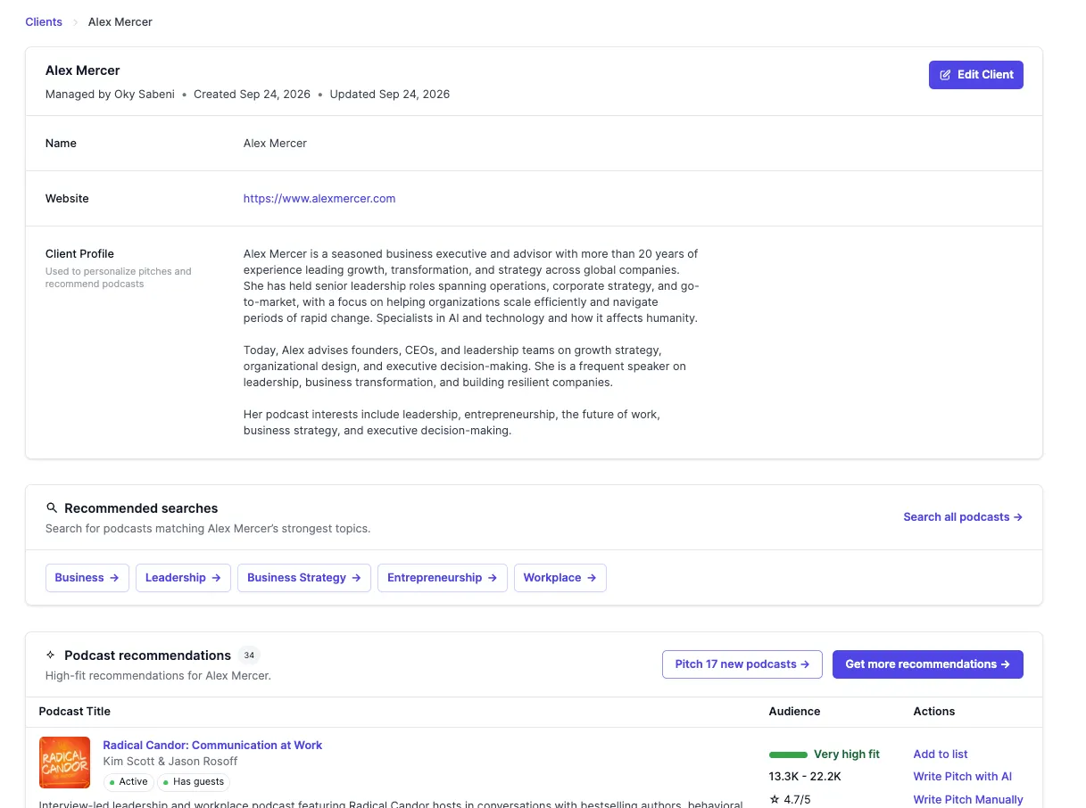 Client profile page - Podseeker