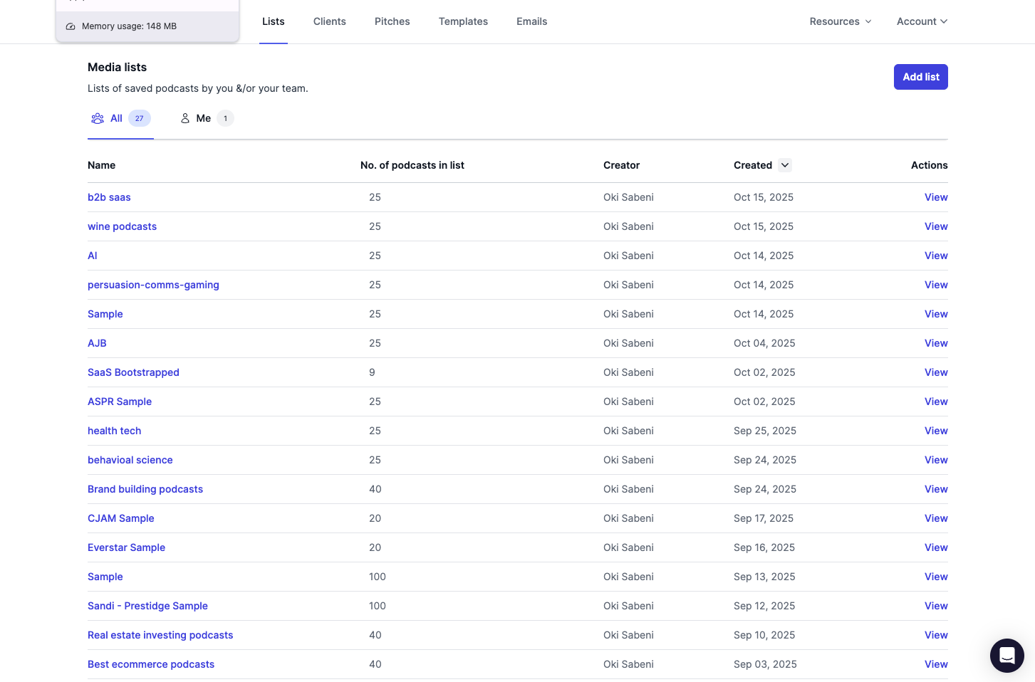 Team media lists in Podseeker