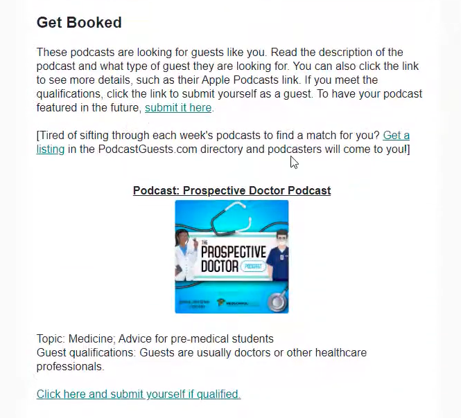 Podcast descriptions in email from PodcastGuests.com