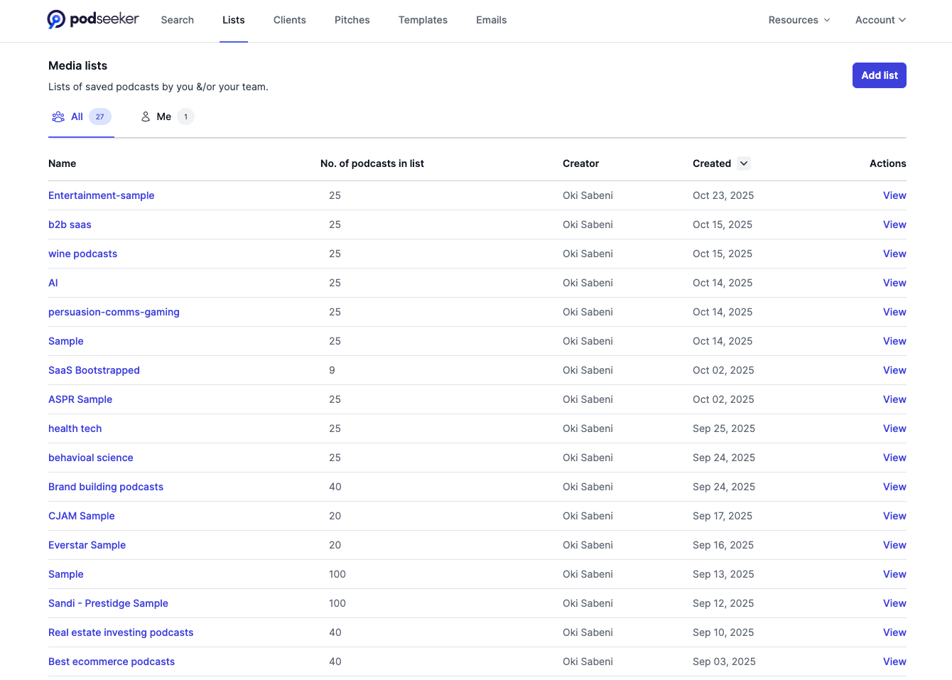 Team media lists by Podseeker