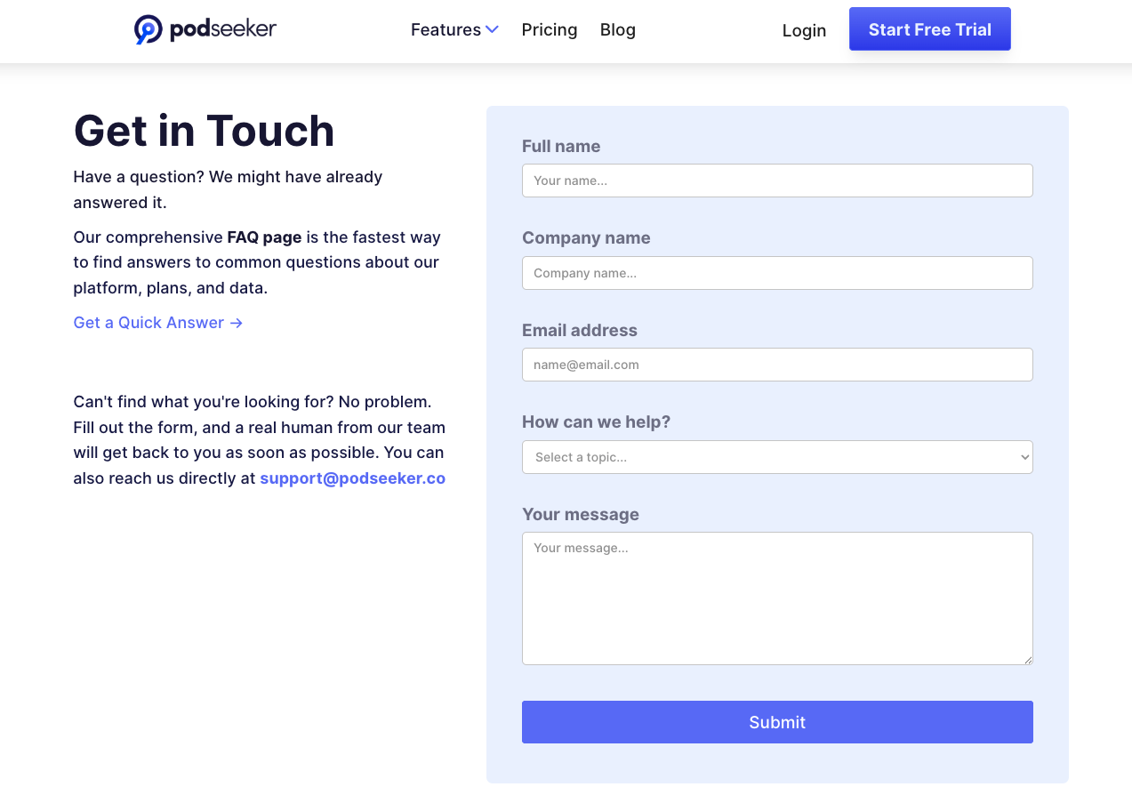 Contact page - Podseeker