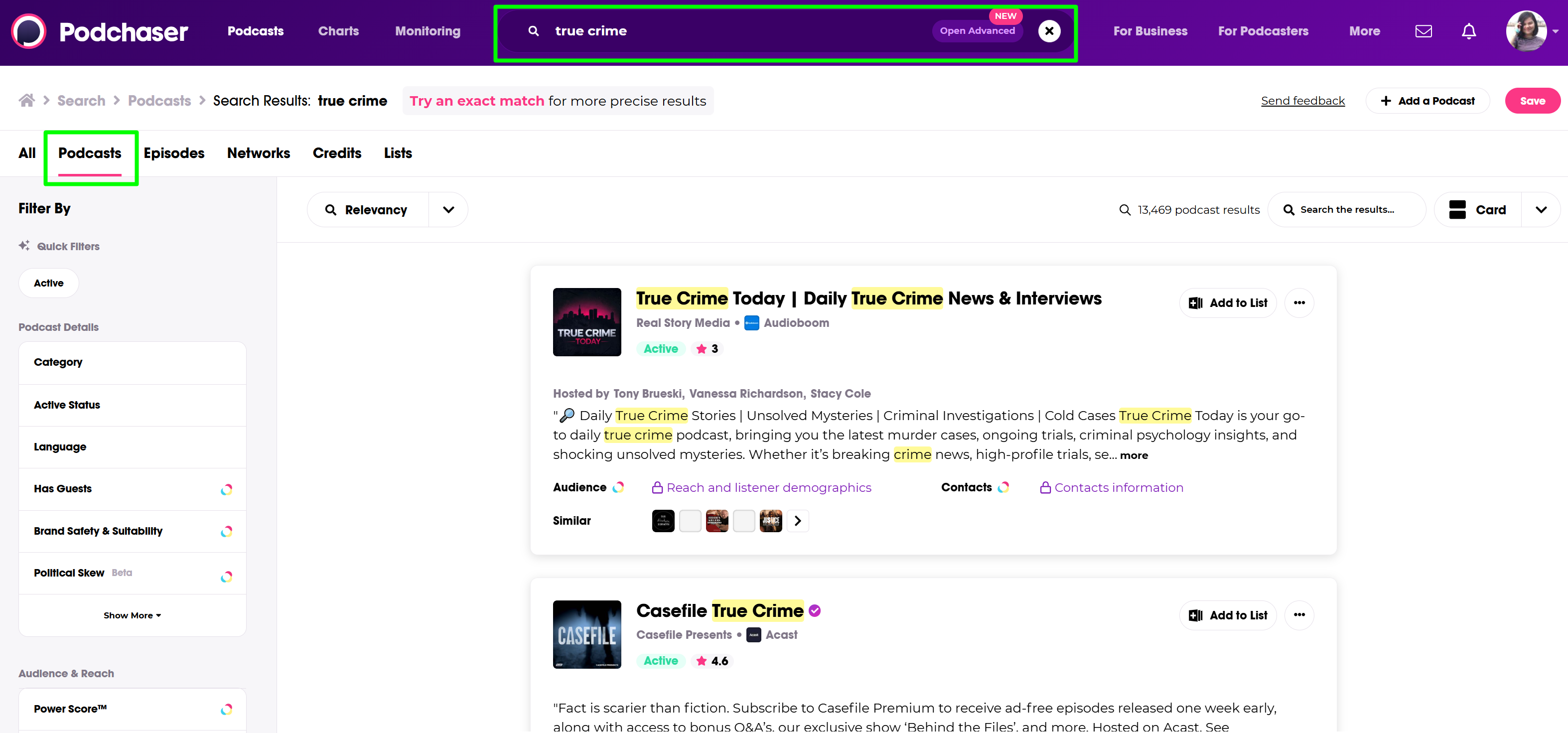 Searching a podcast - Podchaser