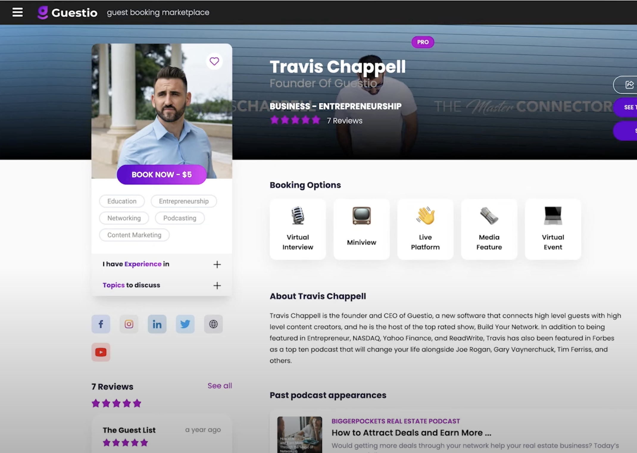 Profile page on Guestio