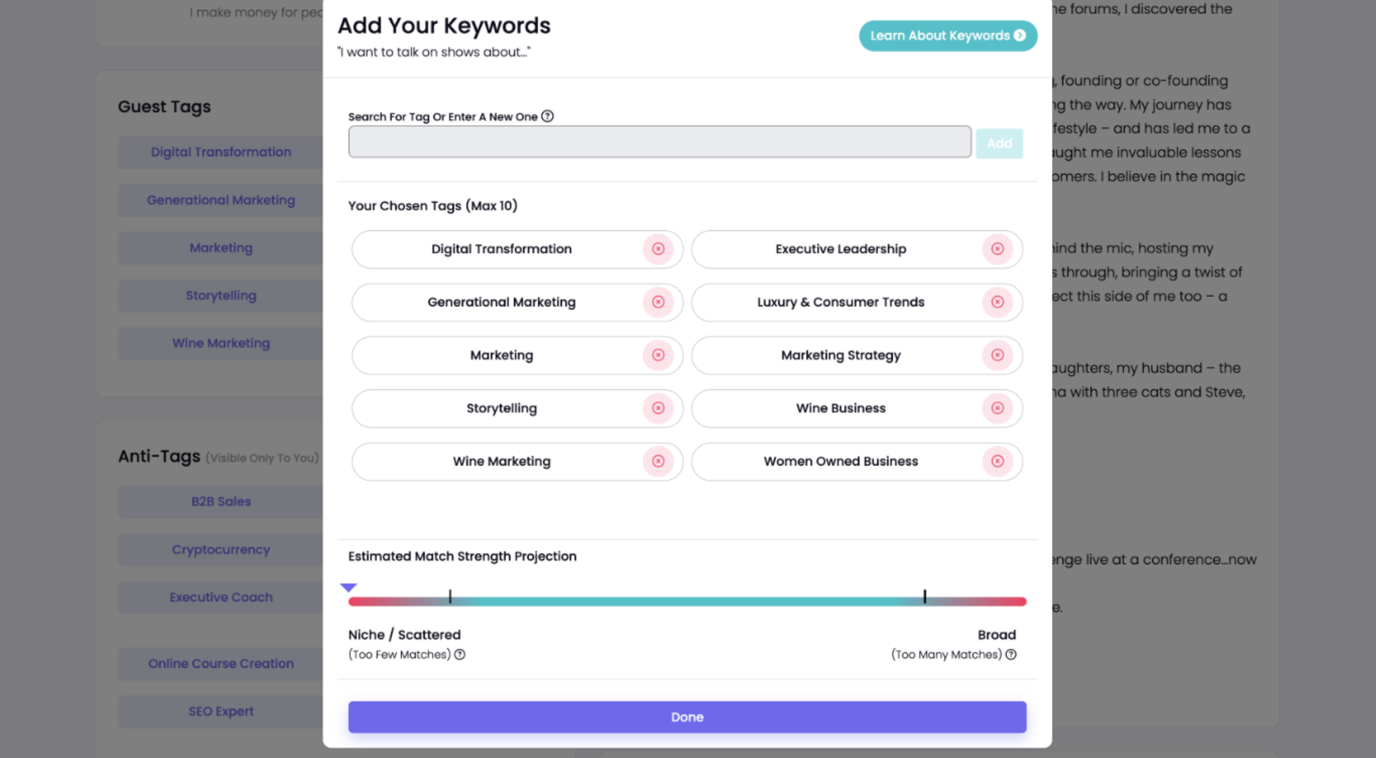 Adding keywords in Podmatch