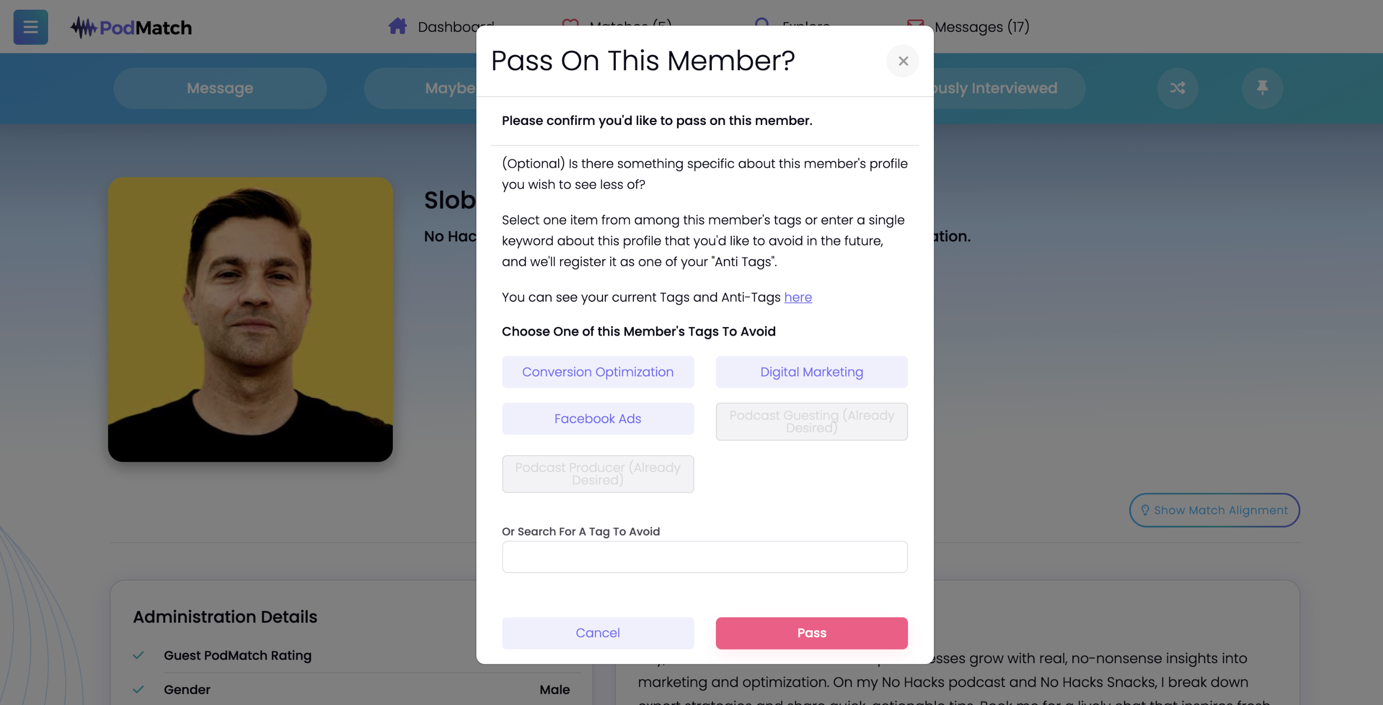 Pass on member on Podmatch