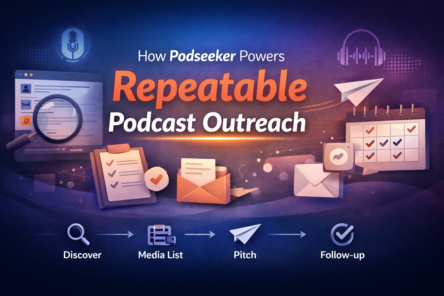 Illustration of podcast research, a media shortlist, and an outreach workflow