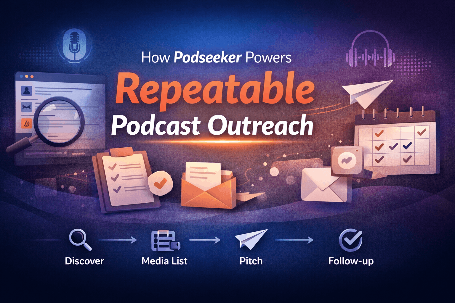 Illustration of podcast research, a media shortlist, and an outreach workflow