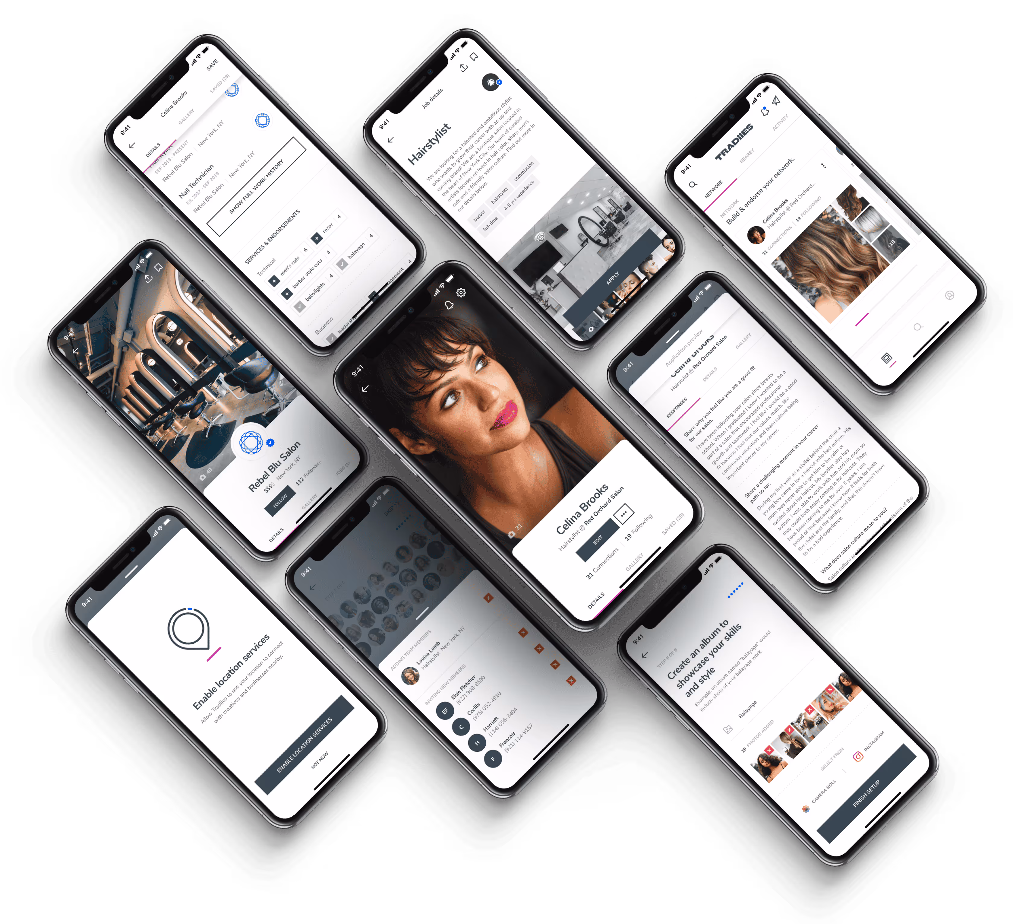 Nine smartphones displaying app screens related to salon profiles, hairstylist details, network, and location services.