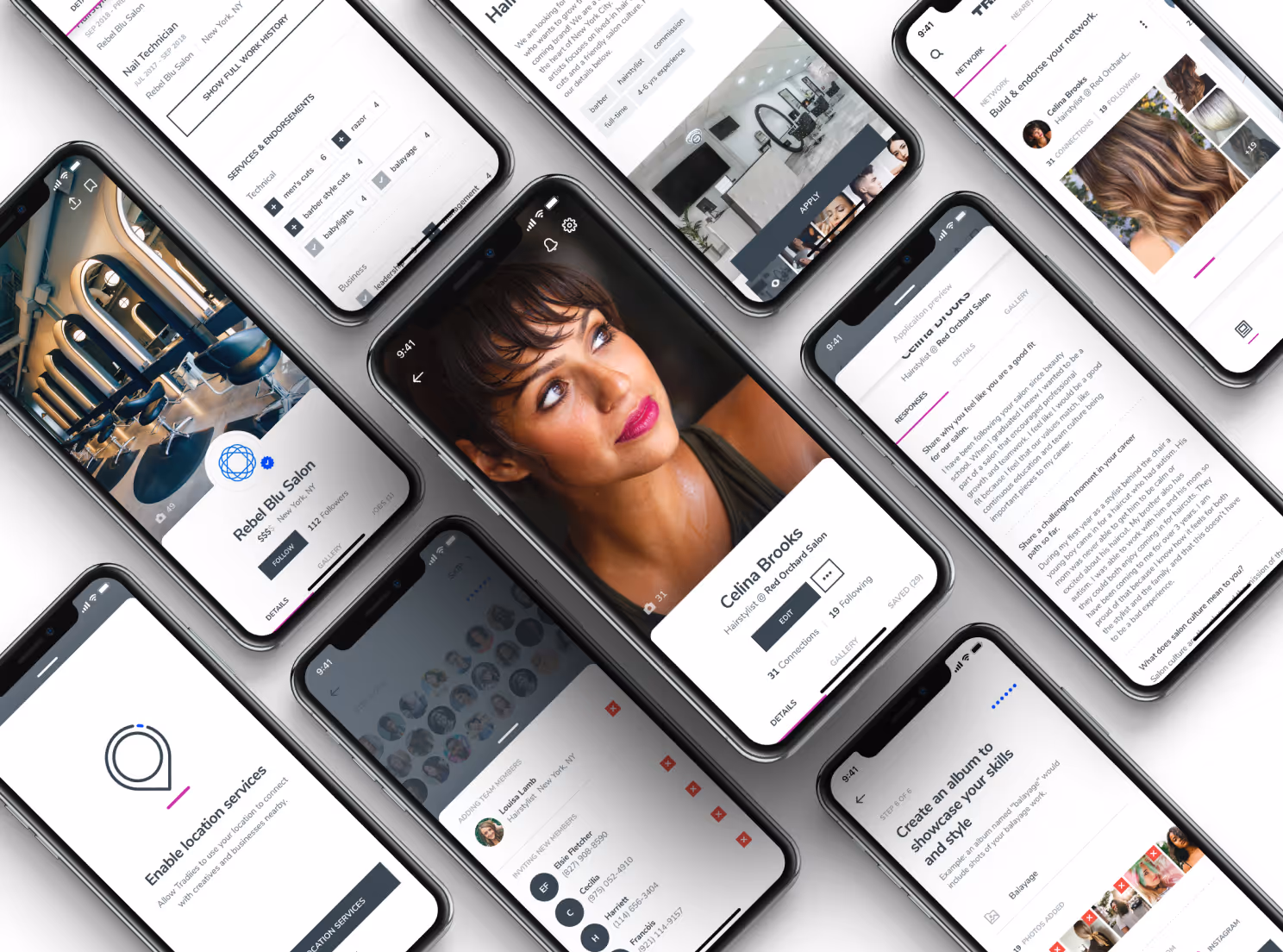 Multiple smartphone screens show a hair salon app with profiles, services, and social features.