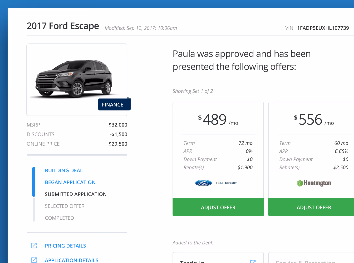 2017 Ford Escape pricing offers with financing details including monthly payments and rebates for Paula.