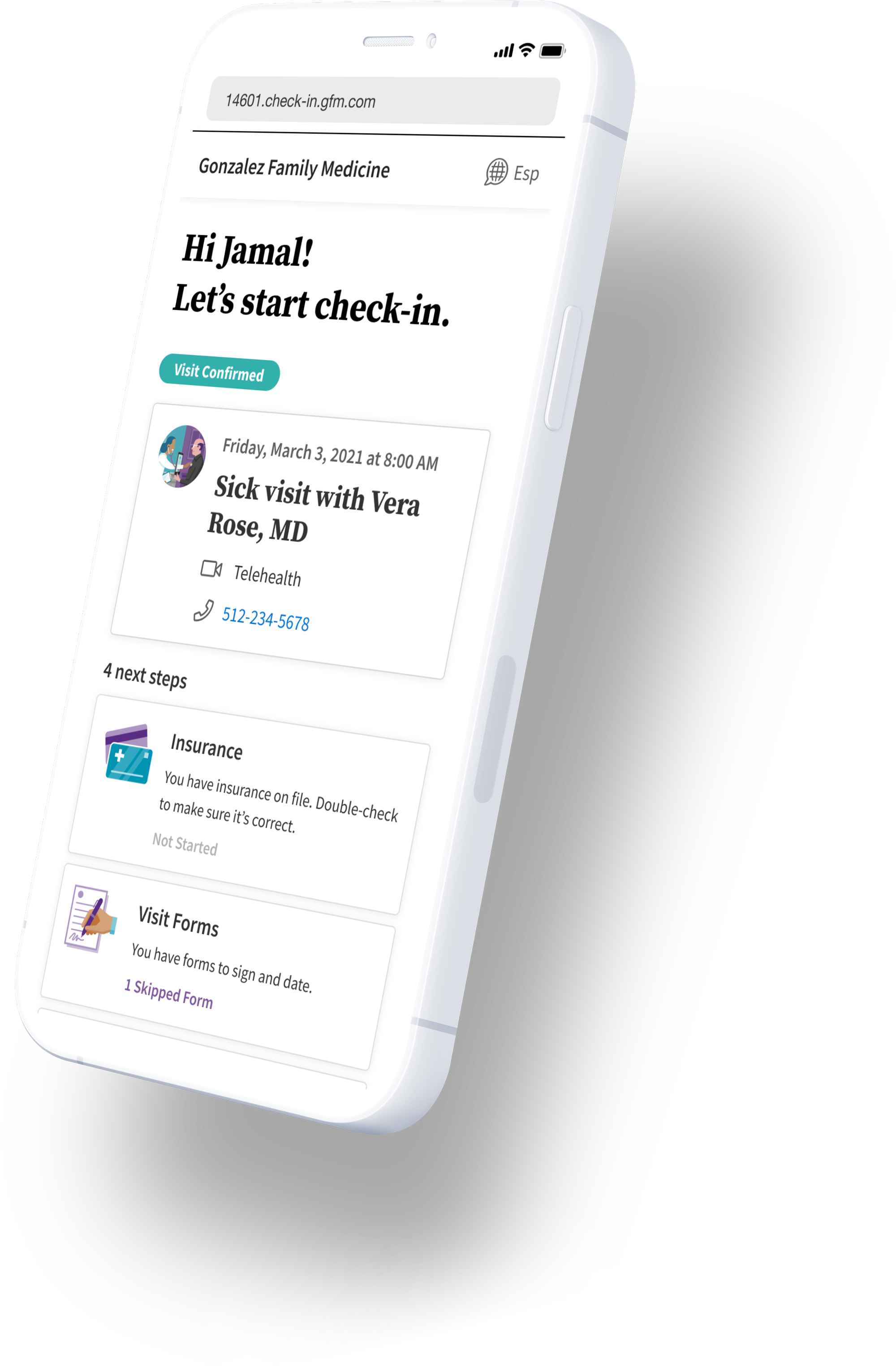 Image of a phone tilted to the right with a screen for a healthcare check-in.