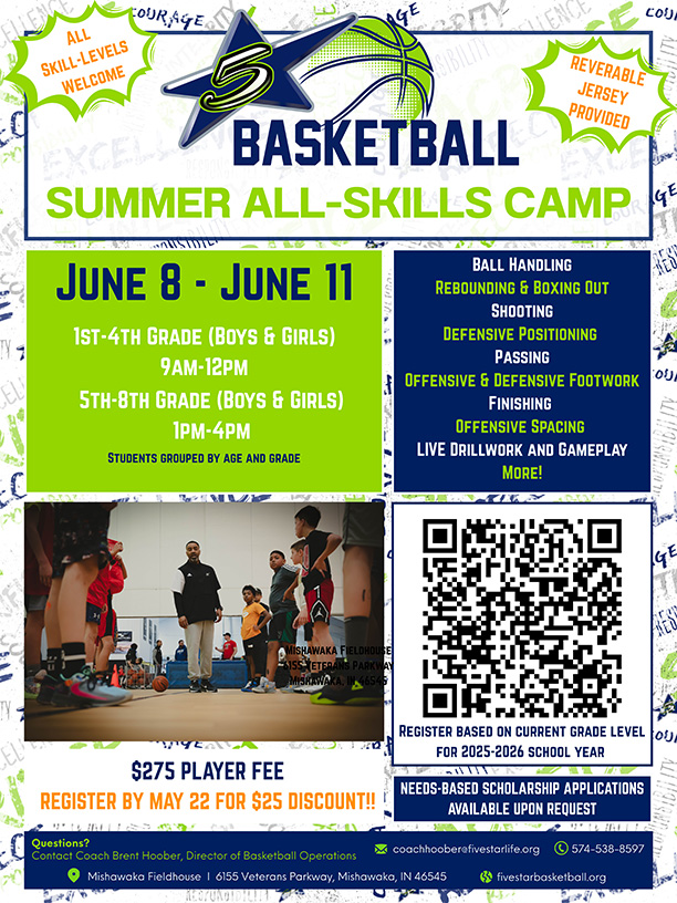 Five Star Life Summer All-Skills Basketball Camp flyer featuring camp dates, location in Mishawaka, Indiana, and details for youth boys and girls of all skill levels