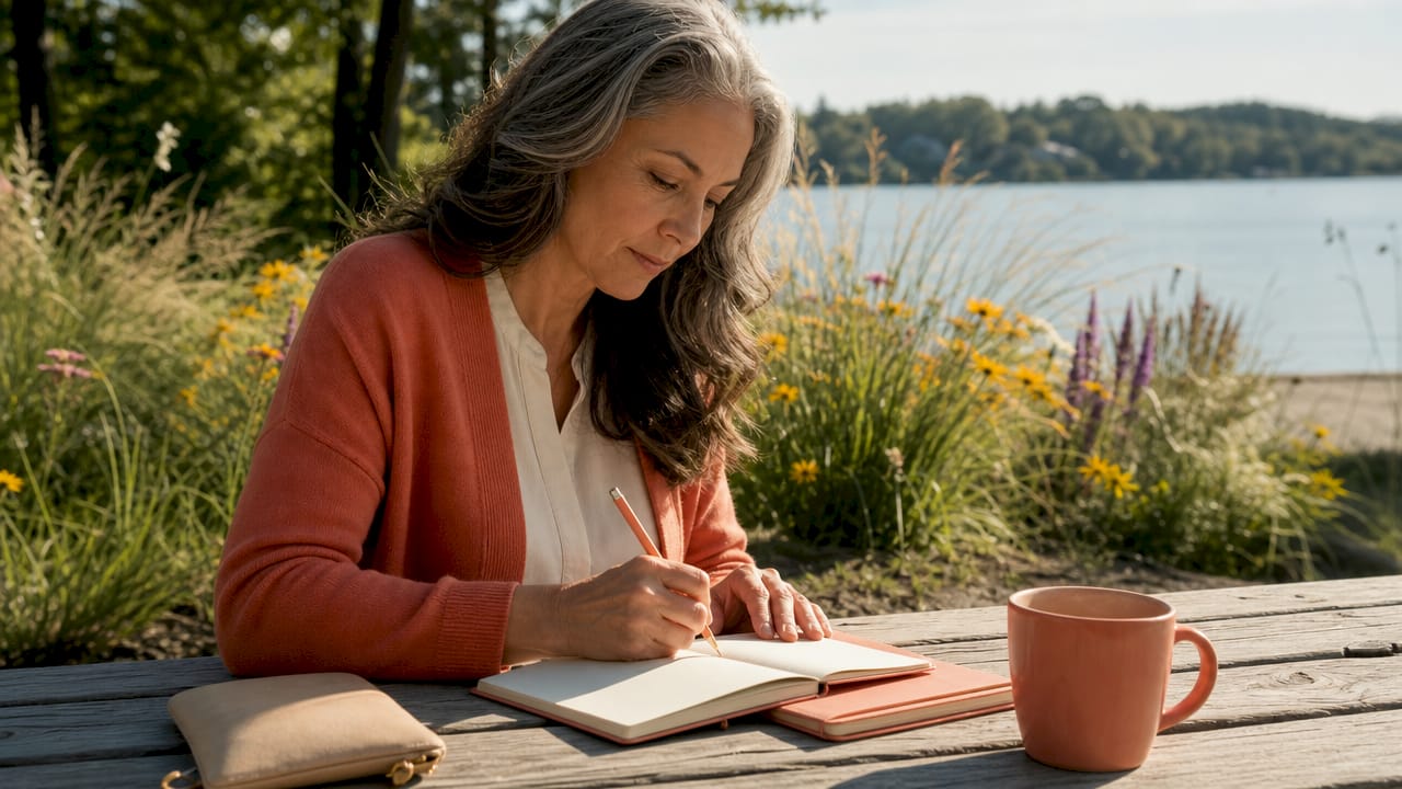 Woman outdoors reviewing financial retirement planner