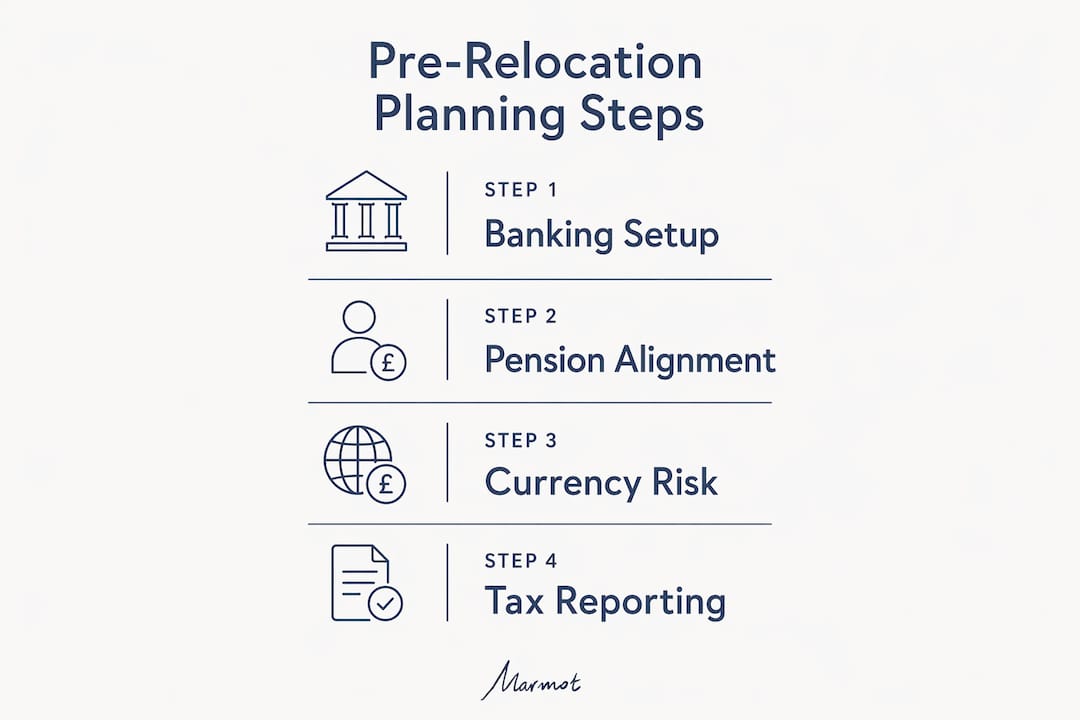 Infographic illustrating financial planning steps before relocating to Zurich