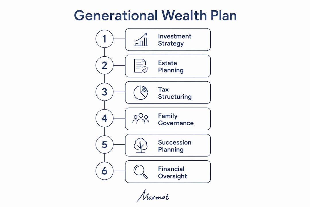 Infographic outlining six key components of generational wealth planning