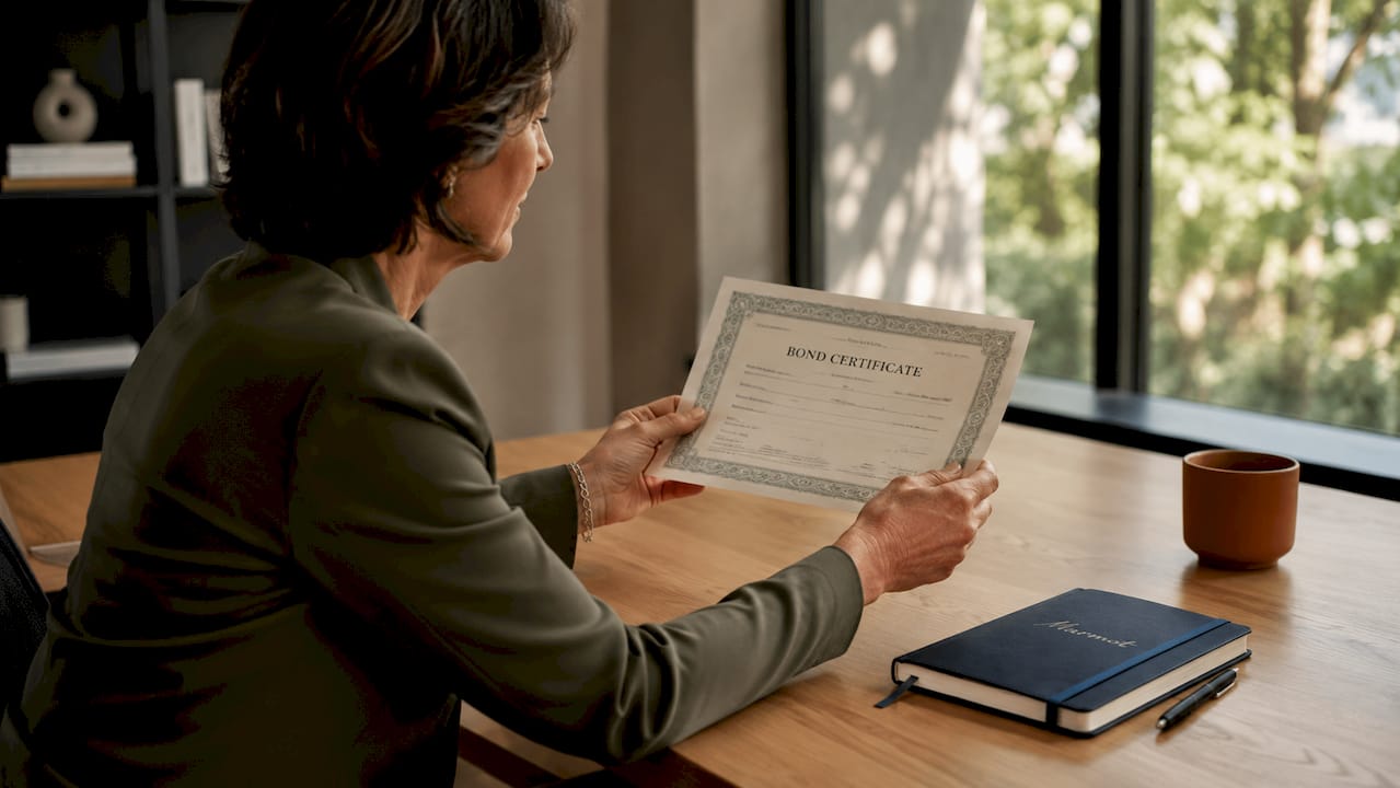Hands holding bond certificate in Swiss office