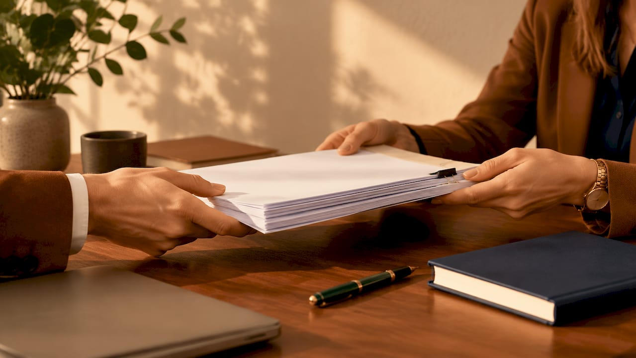 Hands exchanging legal documents on desk