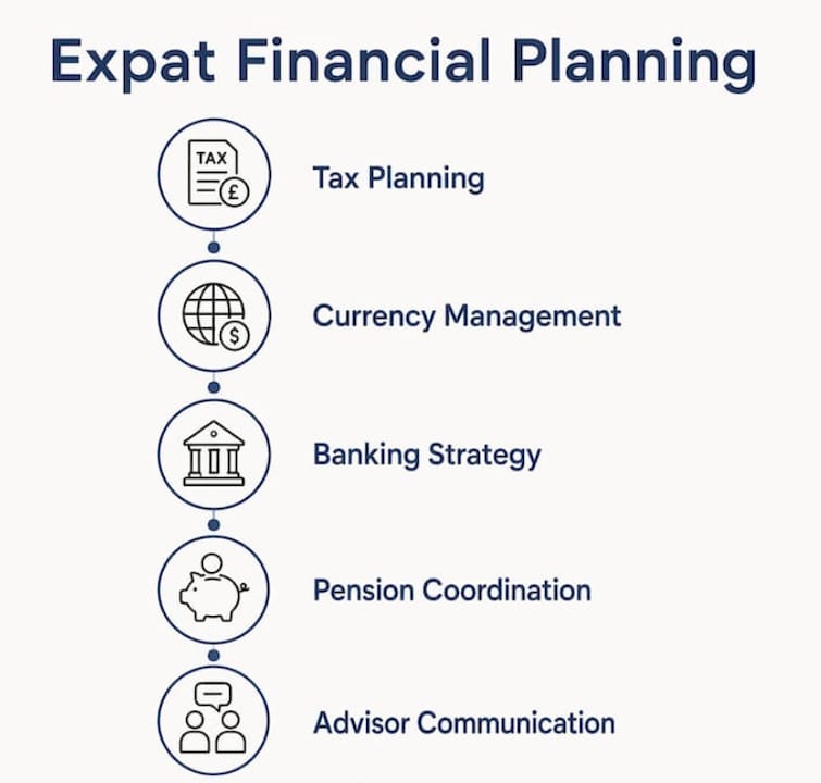 Infographic displaying key steps for expat financial planning