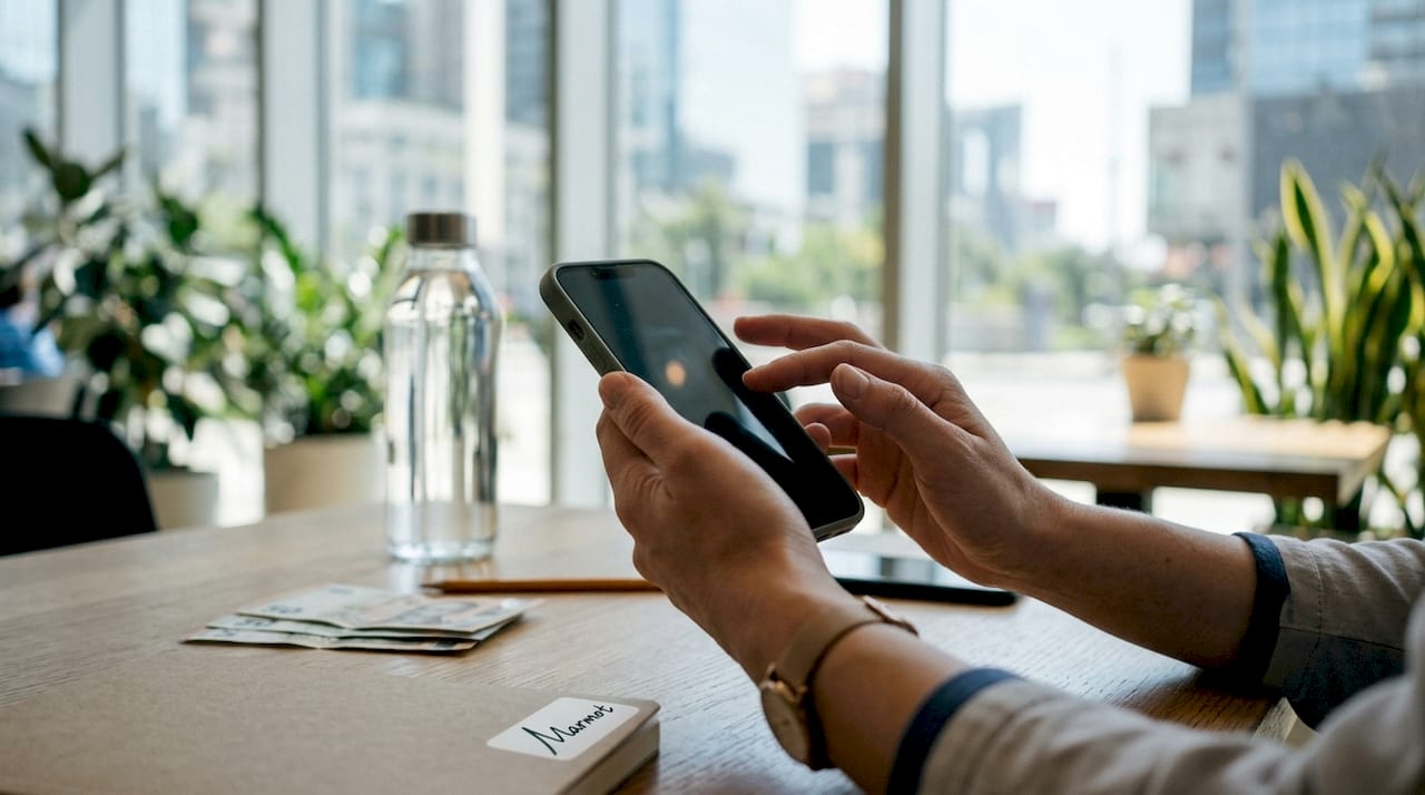 Hands using phone to set savings transfer at home desk
