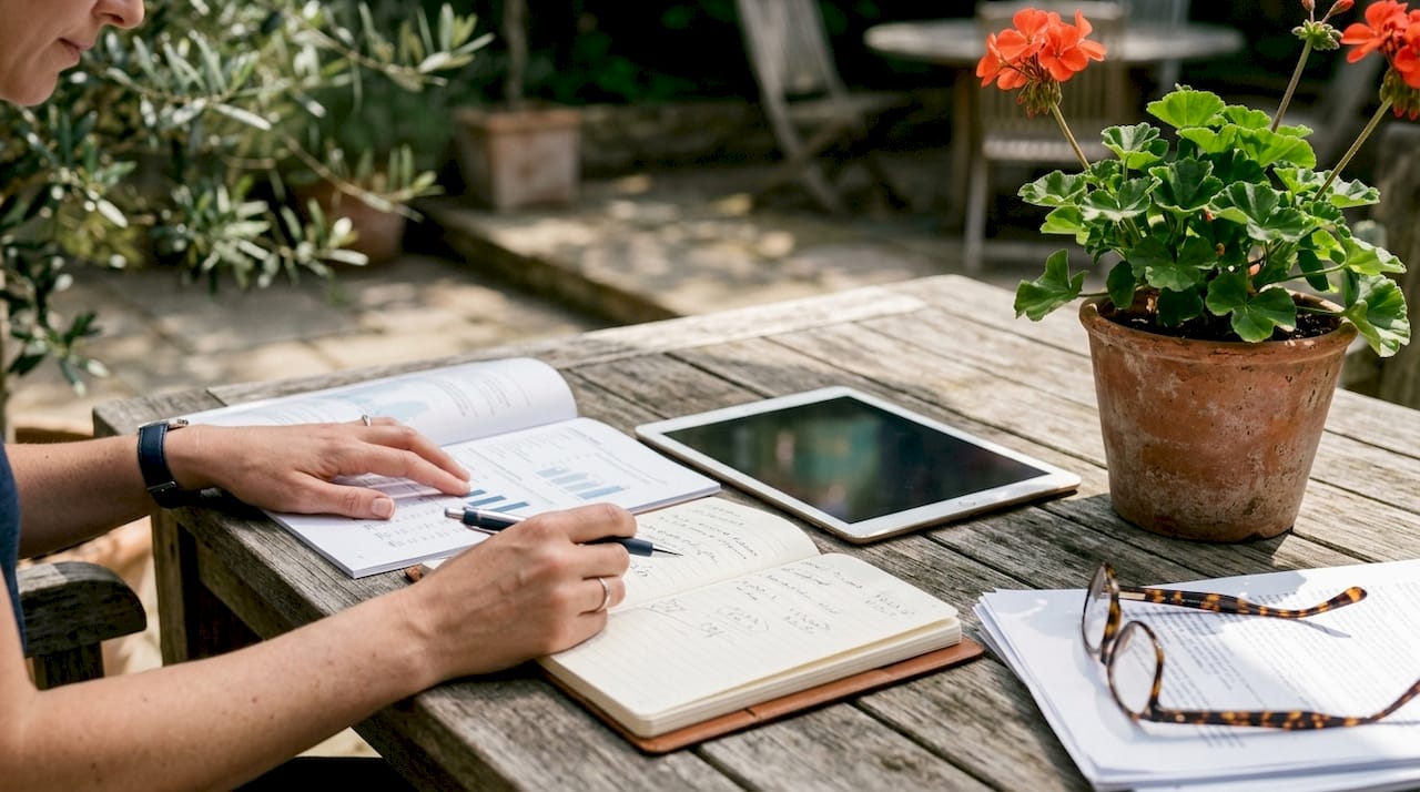 Hands handling investment paperwork on desk