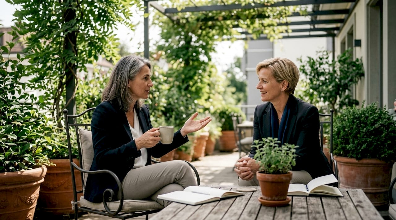 Two Swiss women discussing wealth management in lounge